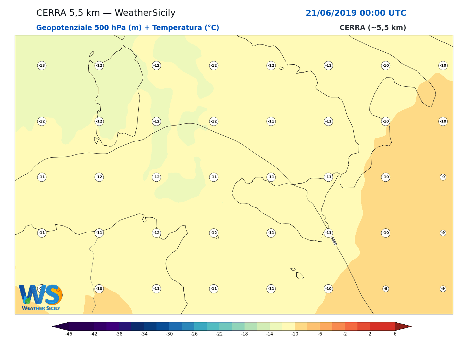 Geopotenziale 500 hPa + Temperatura · 2019062100