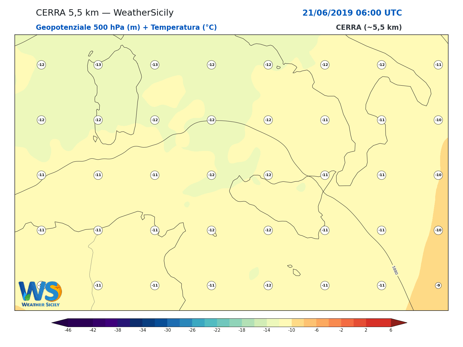 Geopotenziale 500 hPa + Temperatura · 2019062106