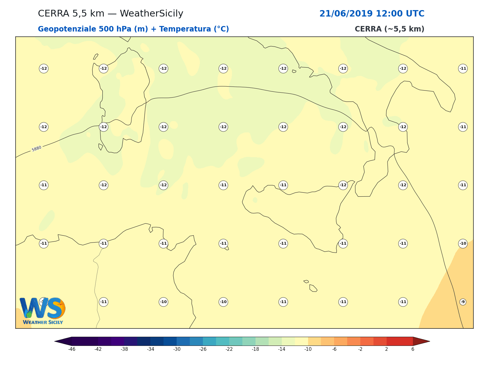 Geopotenziale 500 hPa + Temperatura · 2019062112