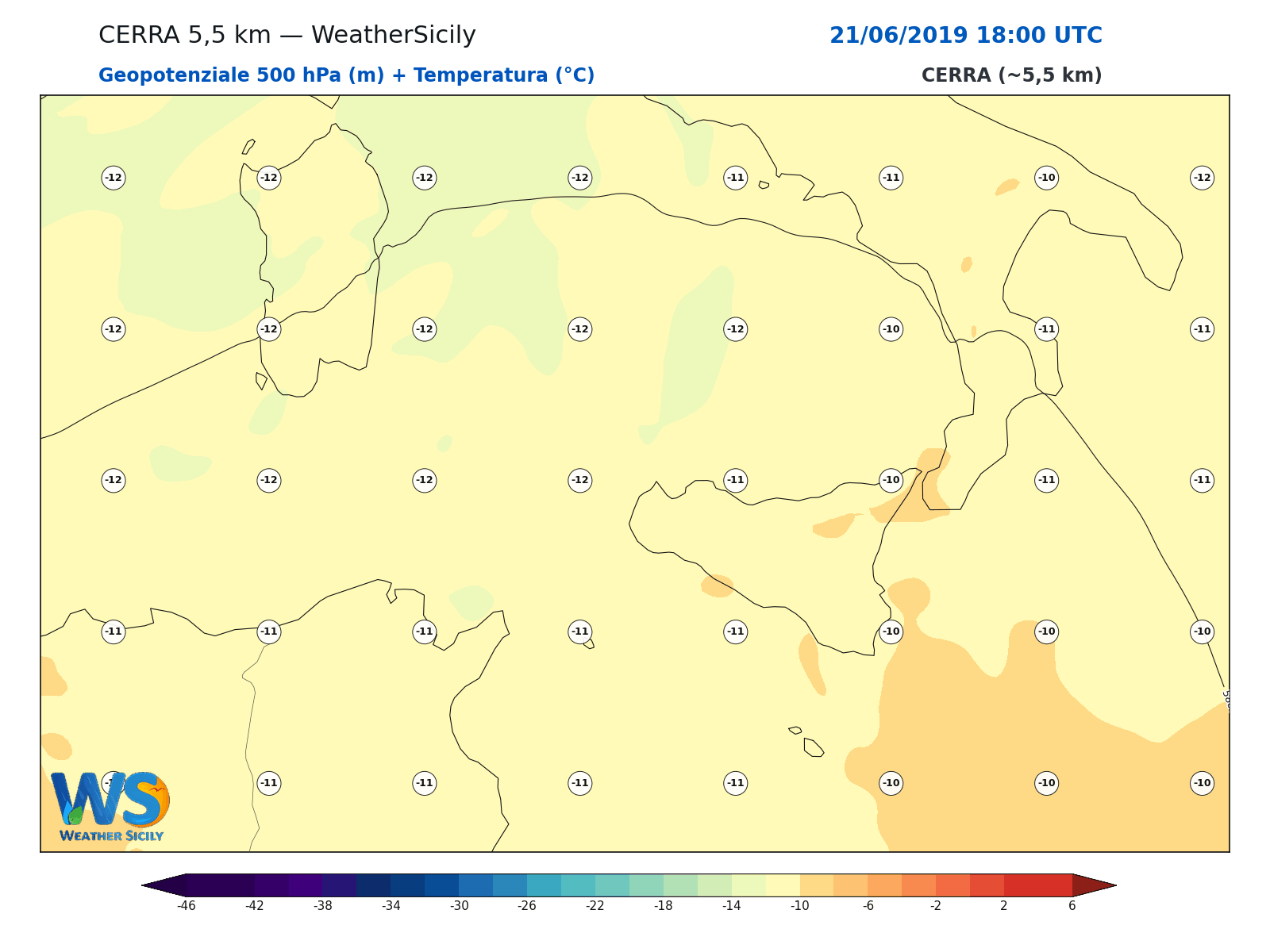 Geopotenziale 500 hPa + Temperatura · 2019062118