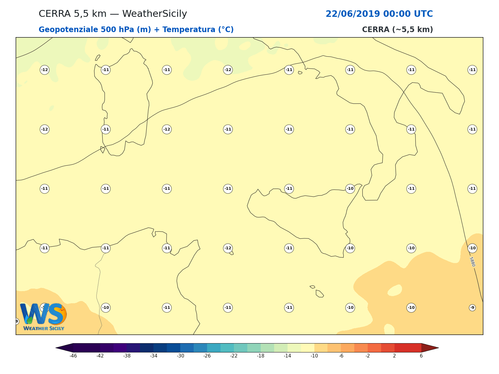 Geopotenziale 500 hPa + Temperatura · 2019062200