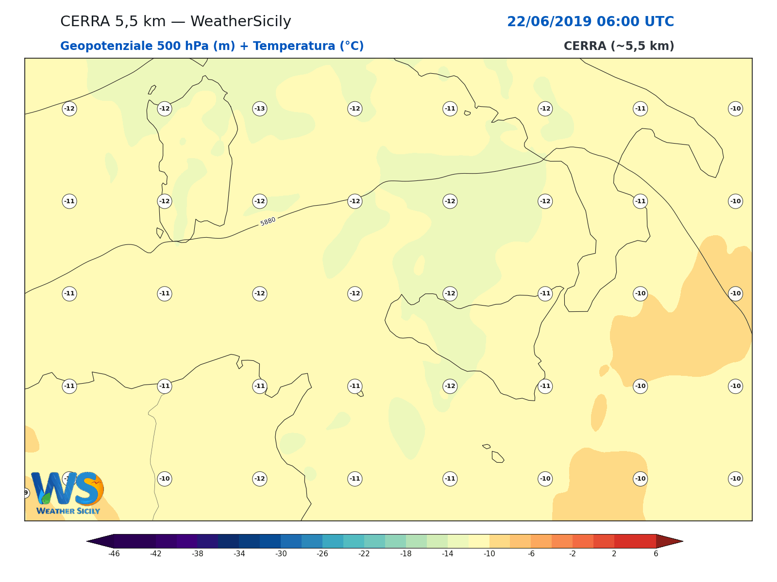 Geopotenziale 500 hPa + Temperatura · 2019062206