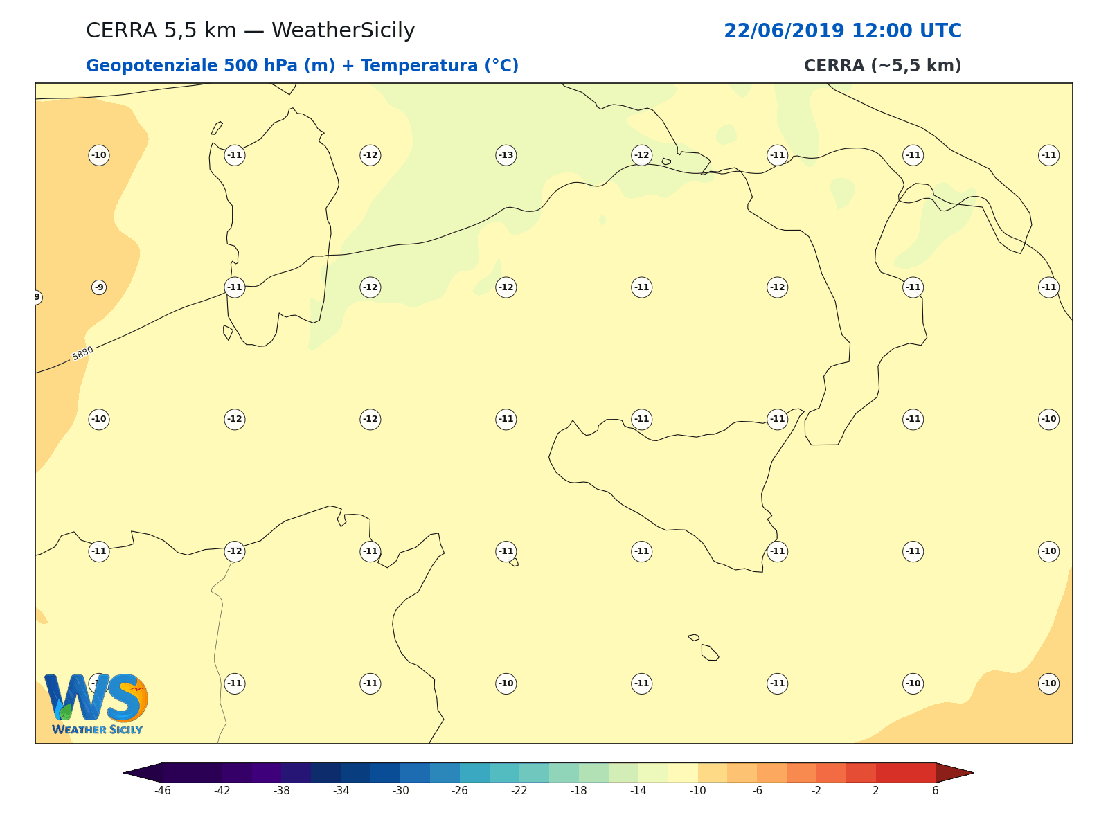 Geopotenziale 500 hPa + Temperatura · 2019062212