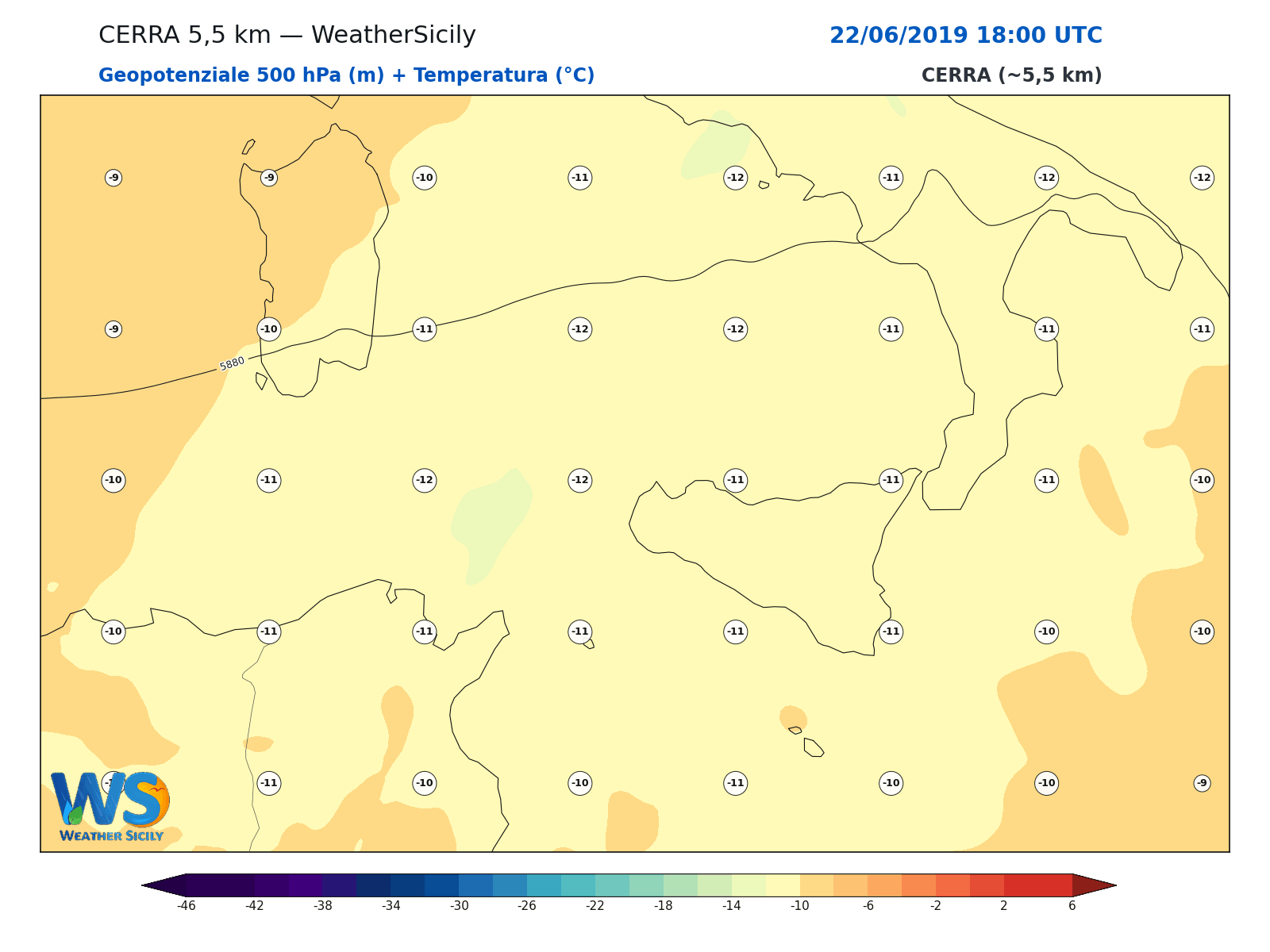 Geopotenziale 500 hPa + Temperatura · 2019062218