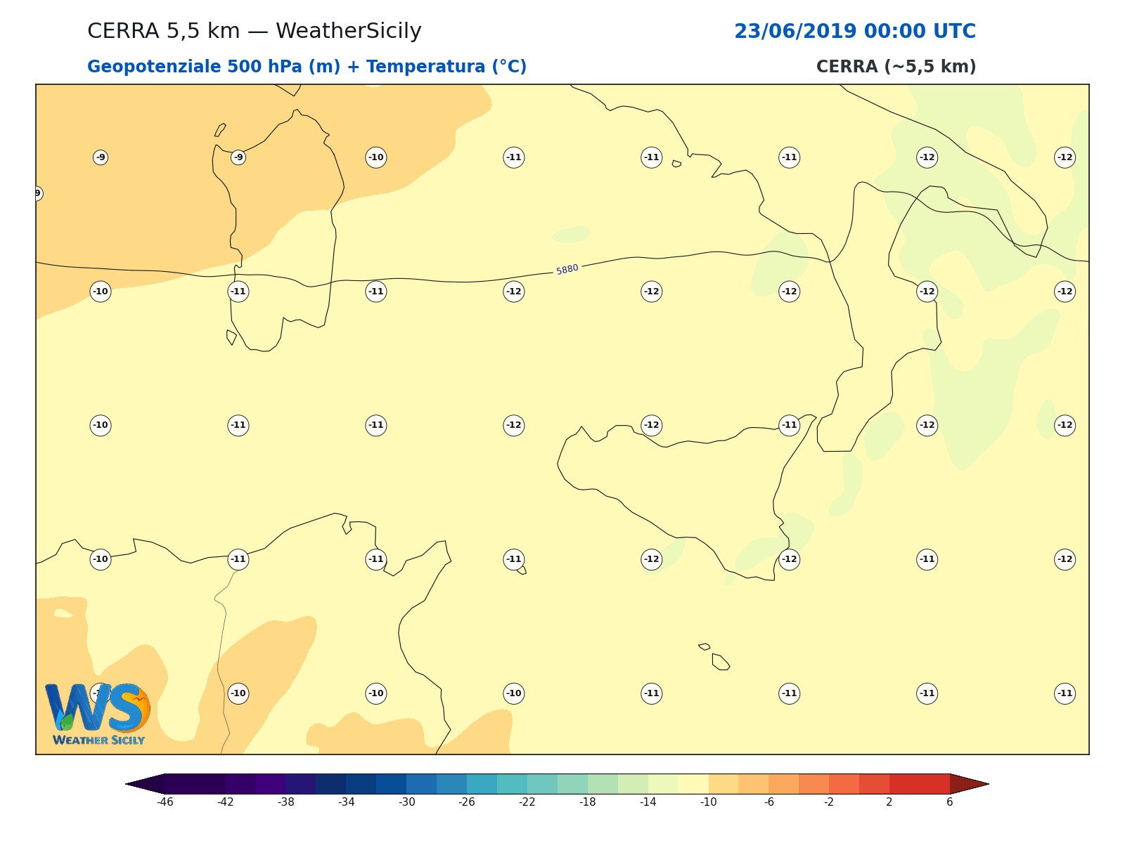 Geopotenziale 500 hPa + Temperatura · 2019062300