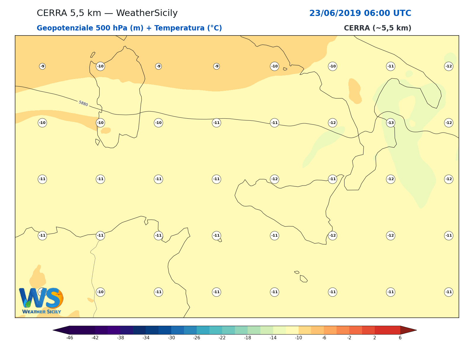Geopotenziale 500 hPa + Temperatura · 2019062306