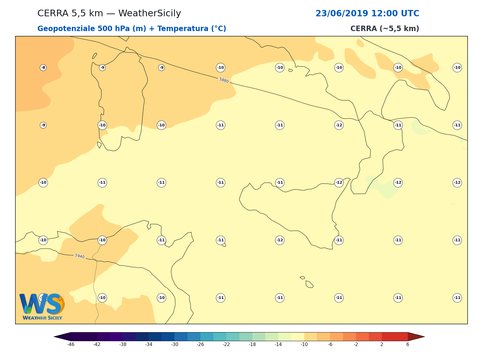 Geopotenziale 500 hPa + Temperatura · 2019062312