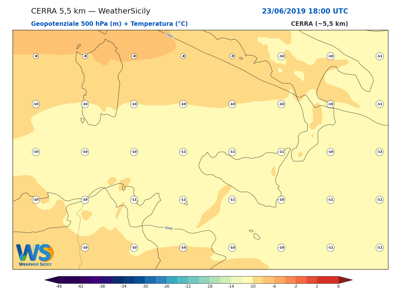Geopotenziale 500 hPa + Temperatura · 2019062318