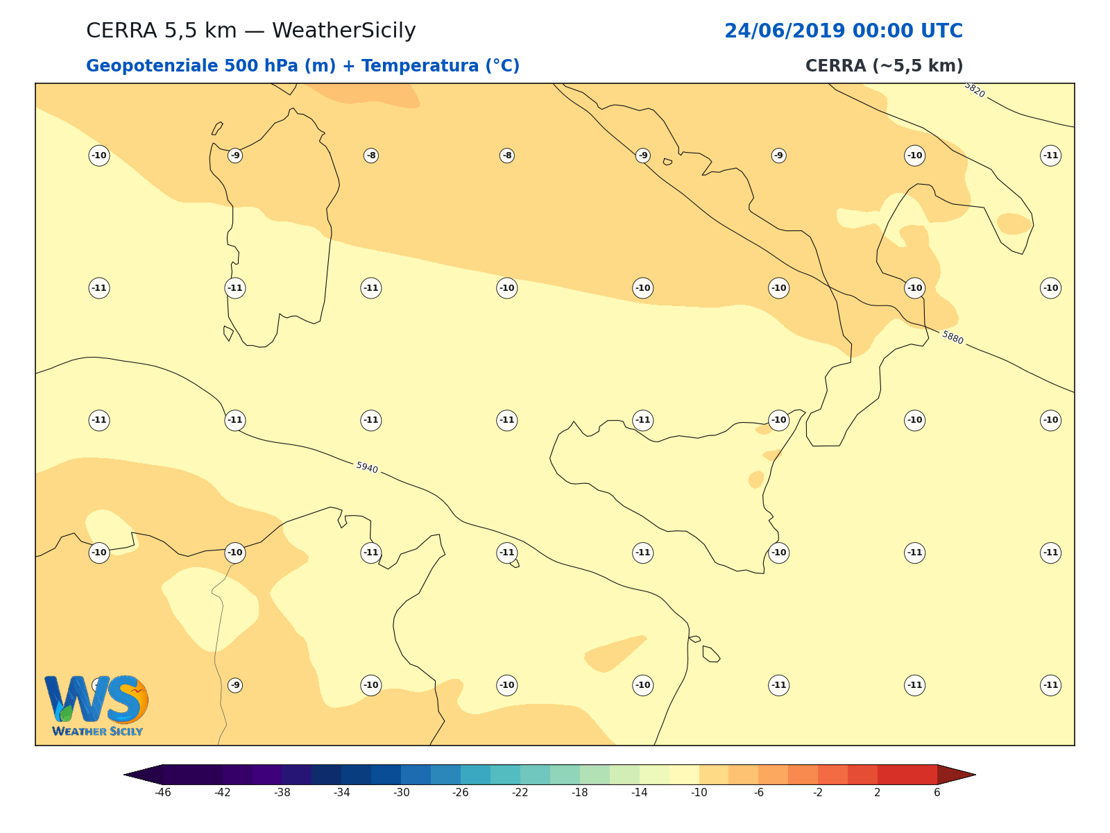 Geopotenziale 500 hPa + Temperatura · 2019062400