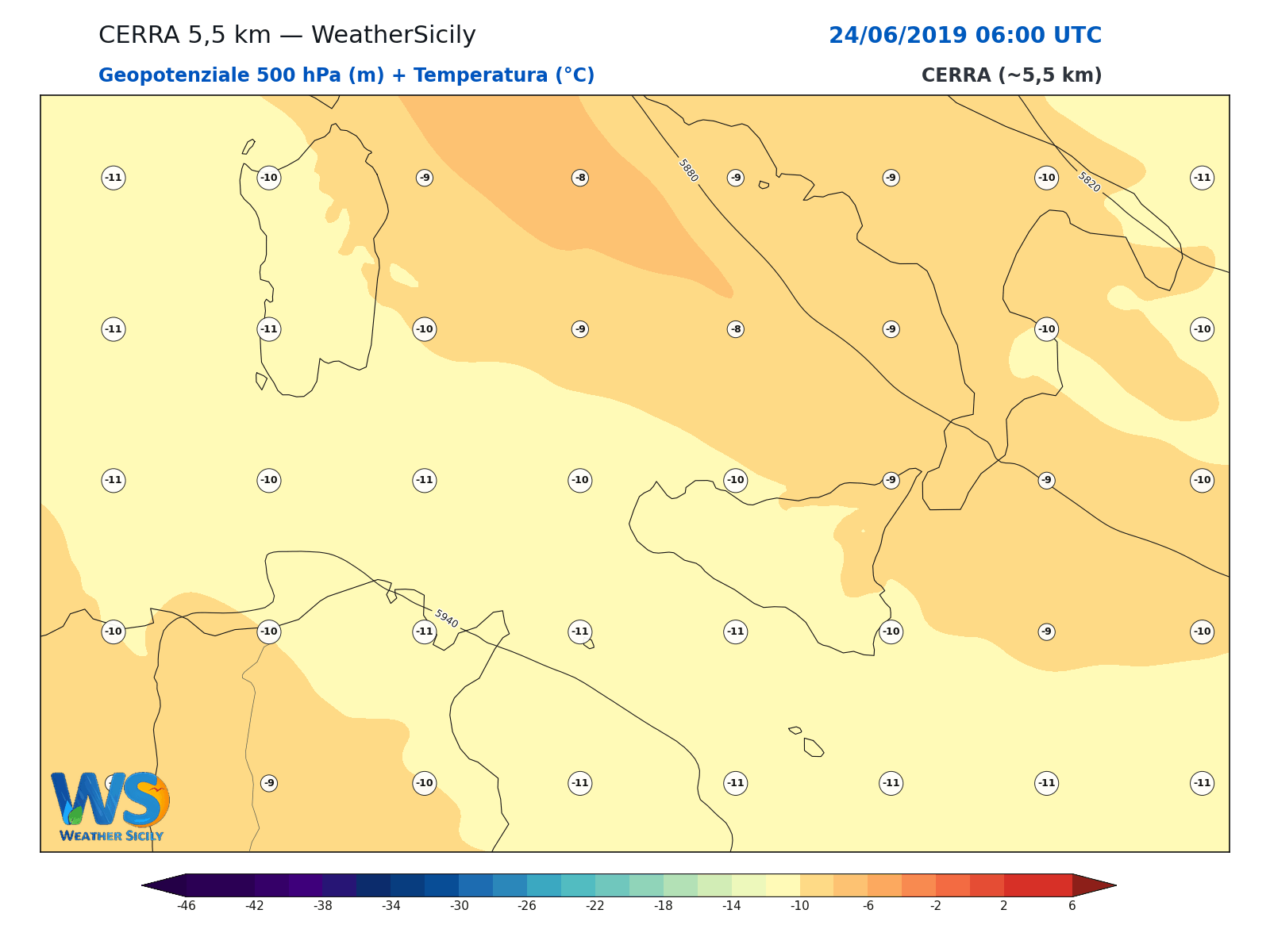 Geopotenziale 500 hPa + Temperatura · 2019062406