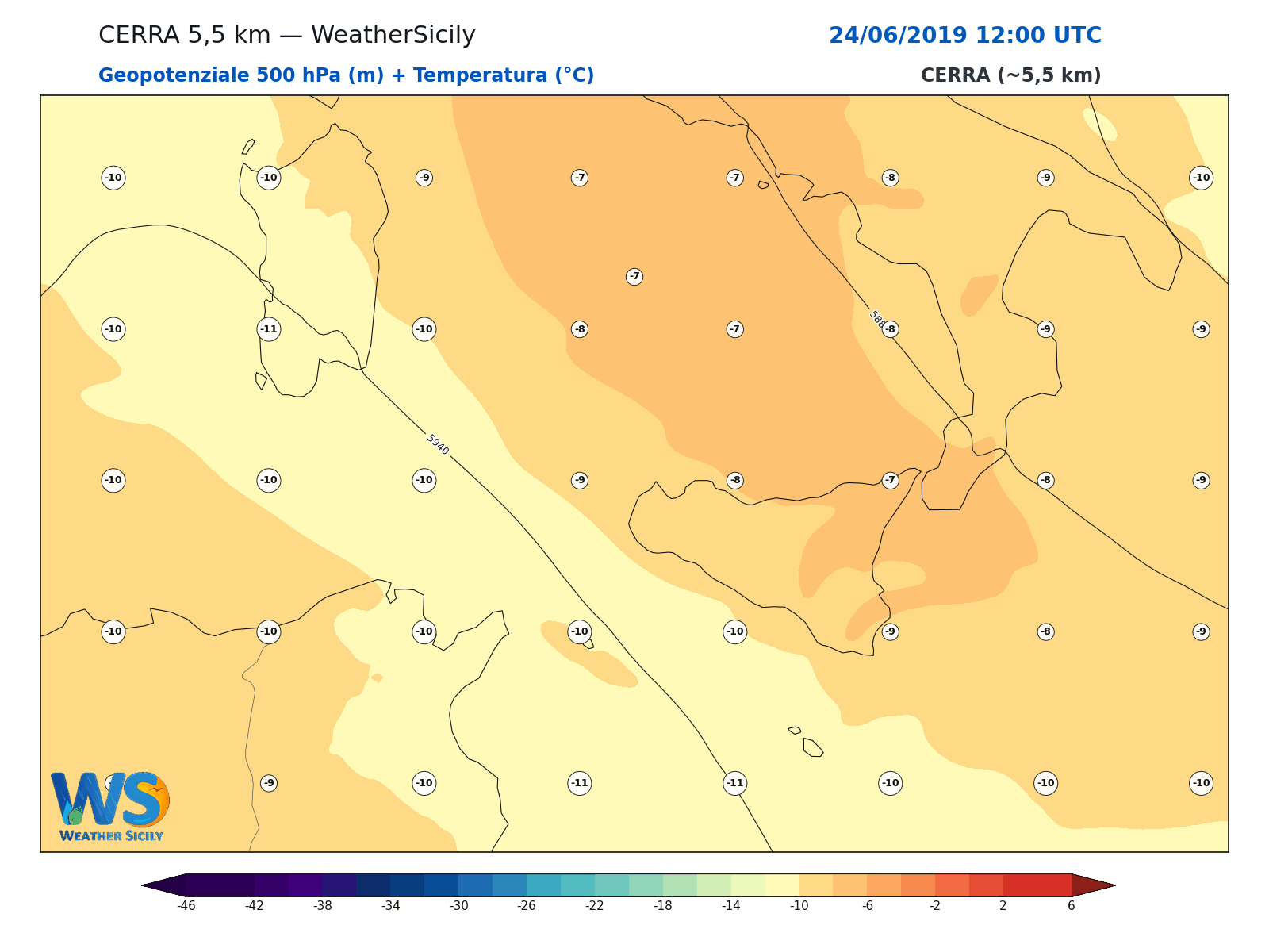 Geopotenziale 500 hPa + Temperatura · 2019062412