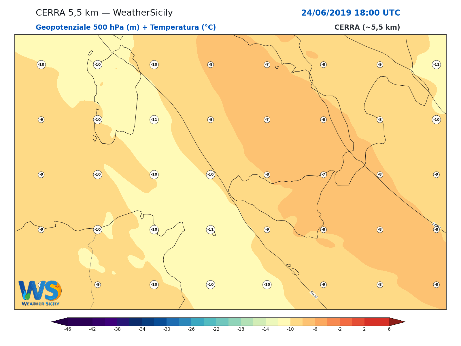 Geopotenziale 500 hPa + Temperatura · 2019062418