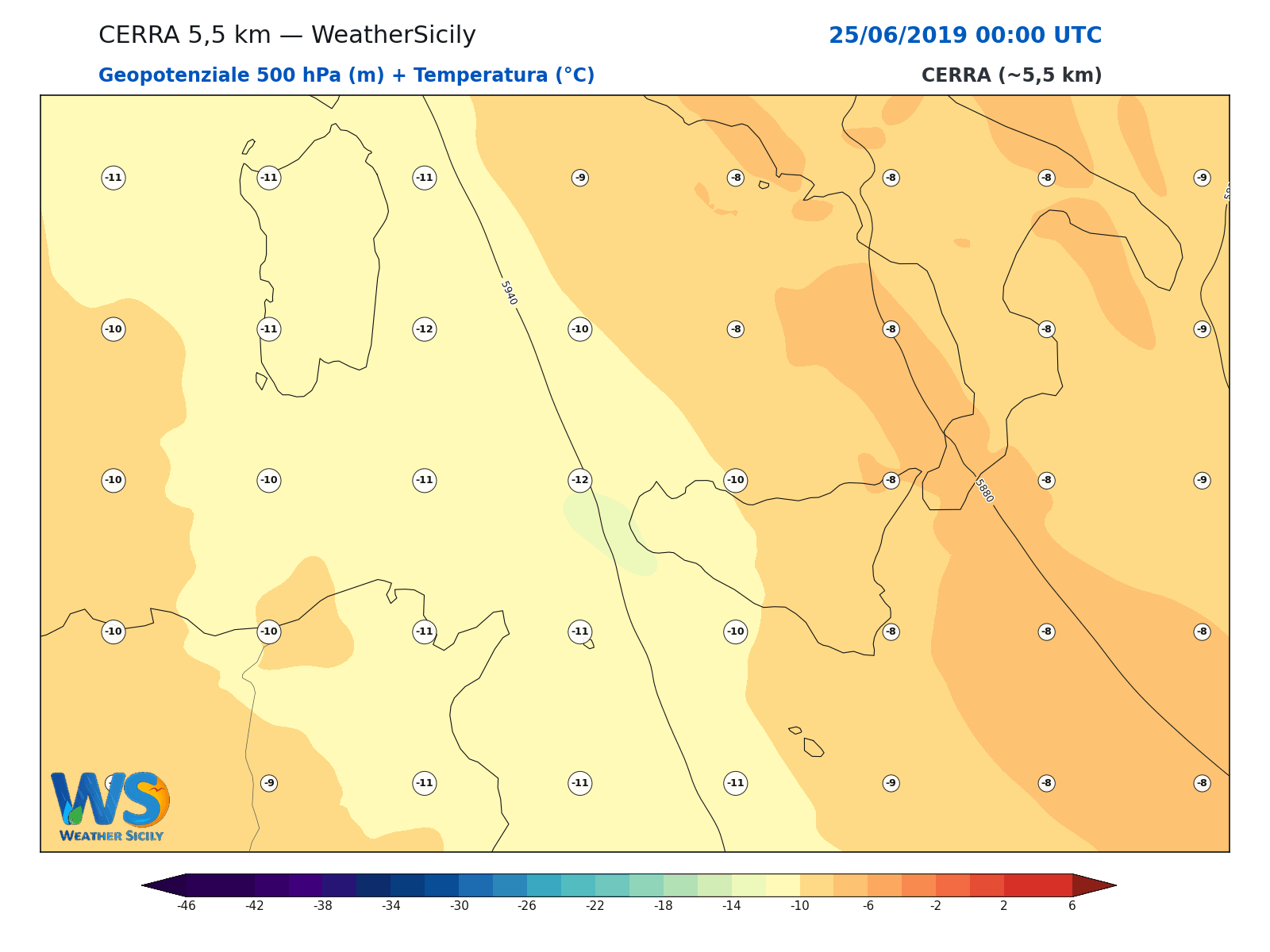 Geopotenziale 500 hPa + Temperatura · 2019062500