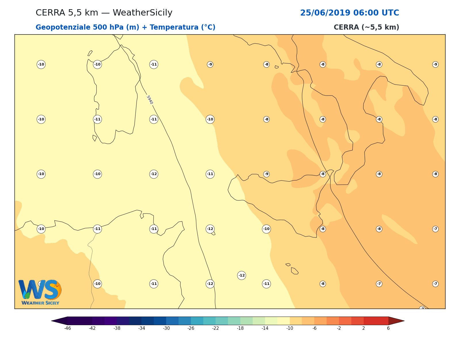 Geopotenziale 500 hPa + Temperatura · 2019062506