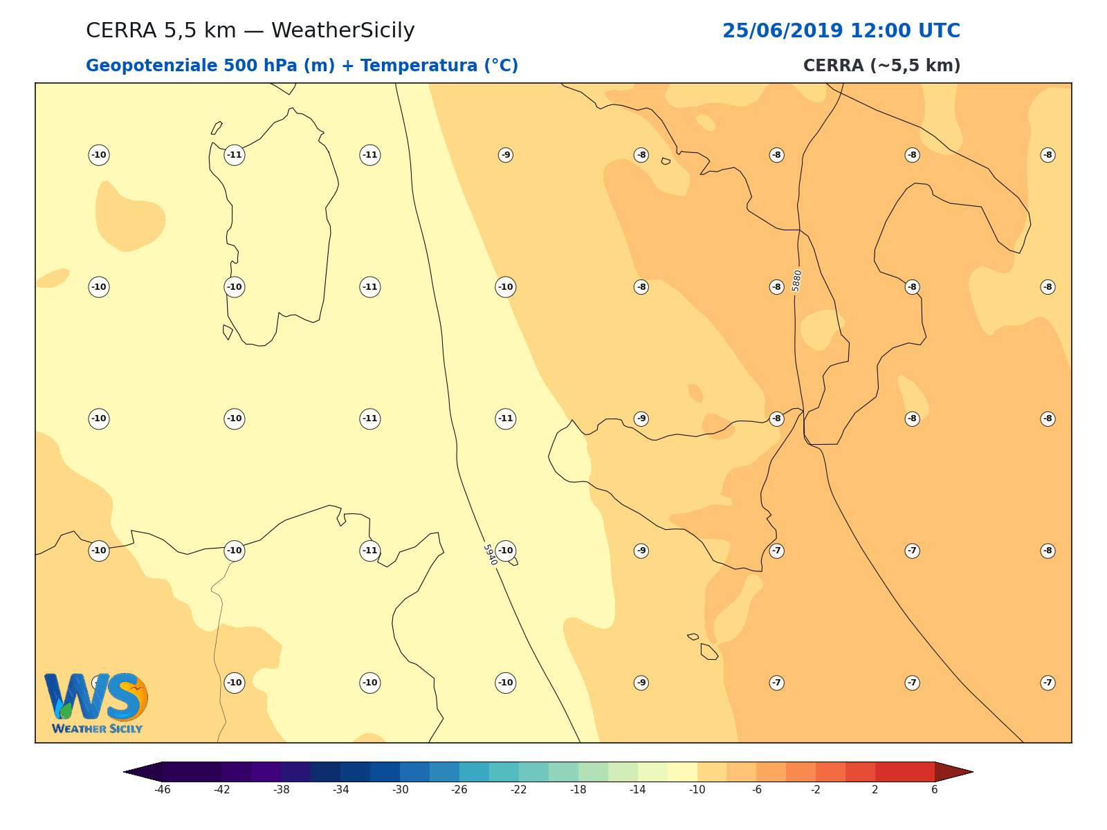 Geopotenziale 500 hPa + Temperatura · 2019062512