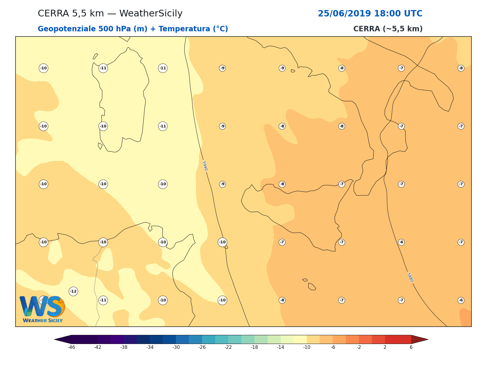 Geopotenziale 500 hPa + Temperatura · 2019062518