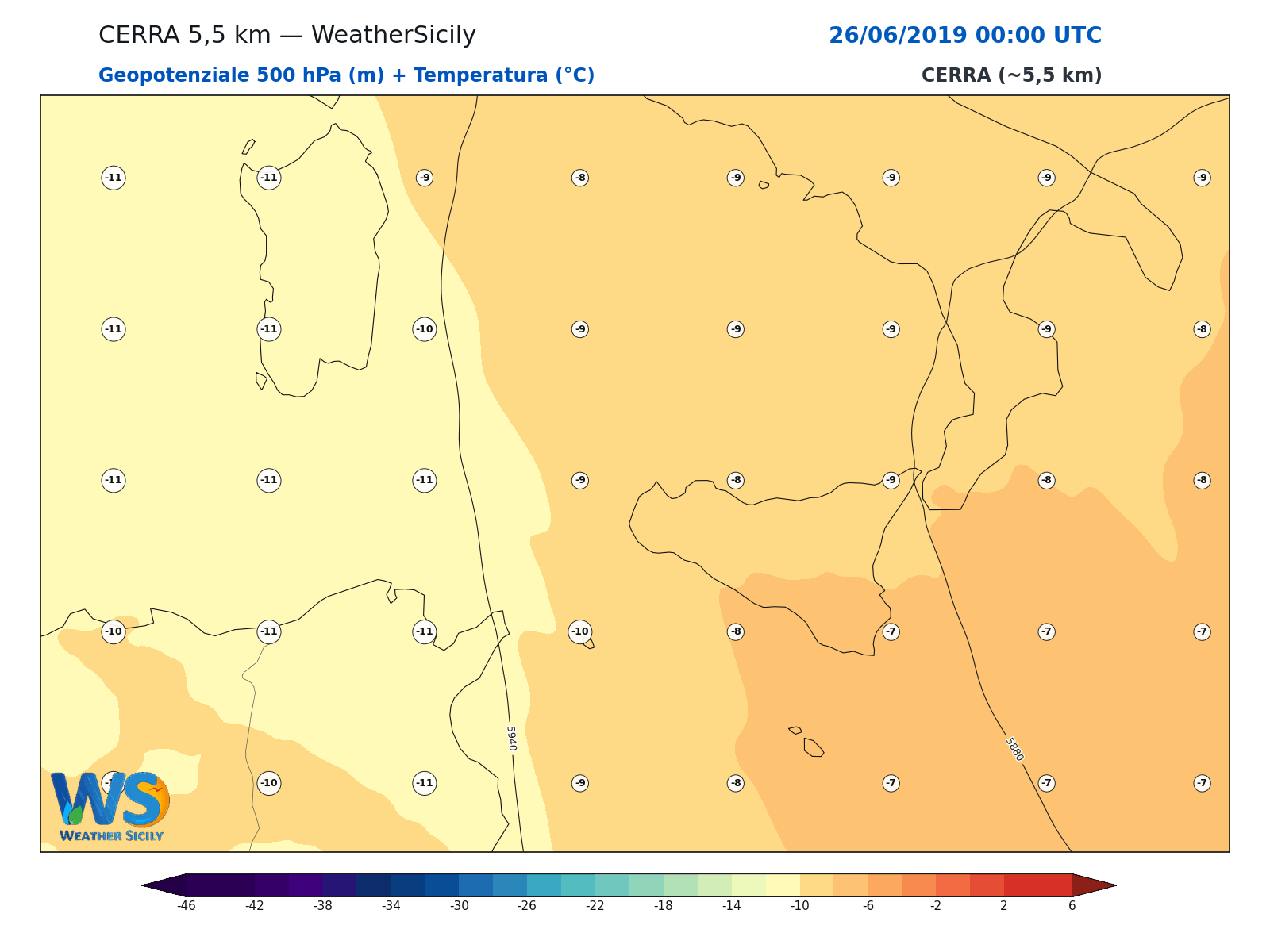 Geopotenziale 500 hPa + Temperatura · 2019062600