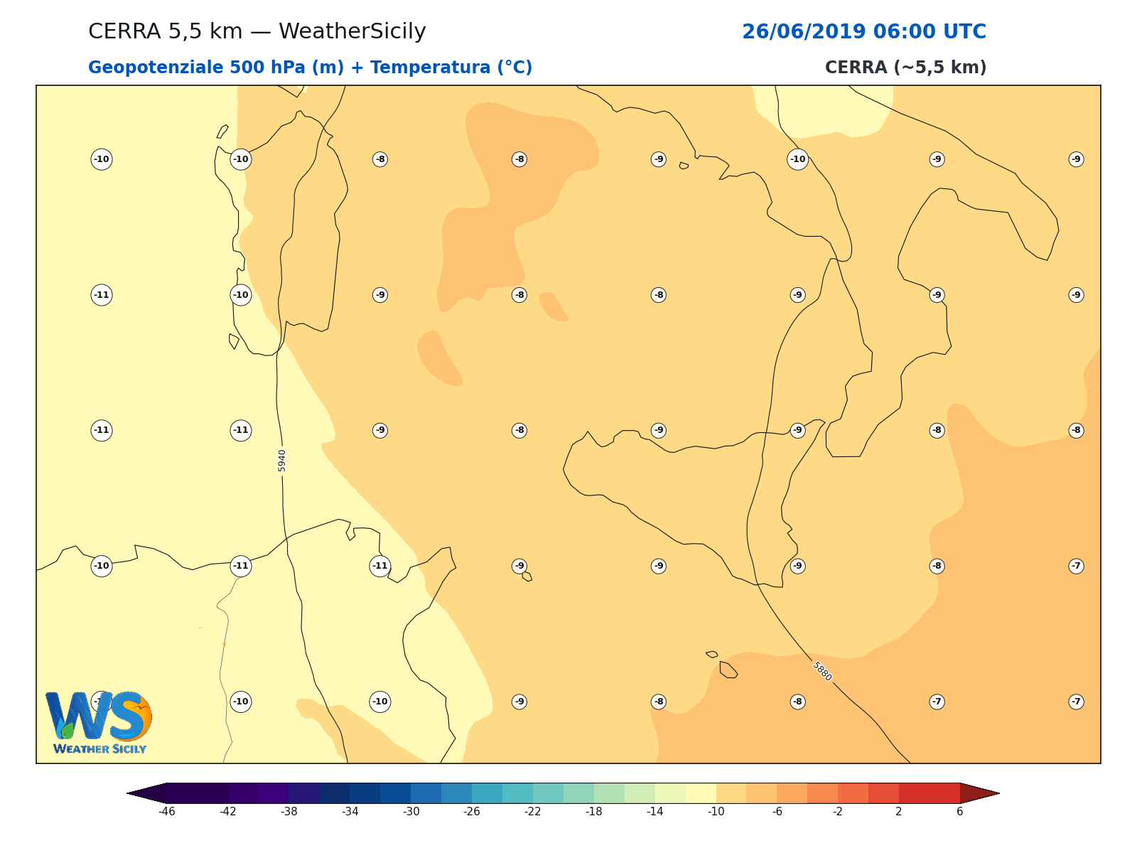 Geopotenziale 500 hPa + Temperatura · 2019062606