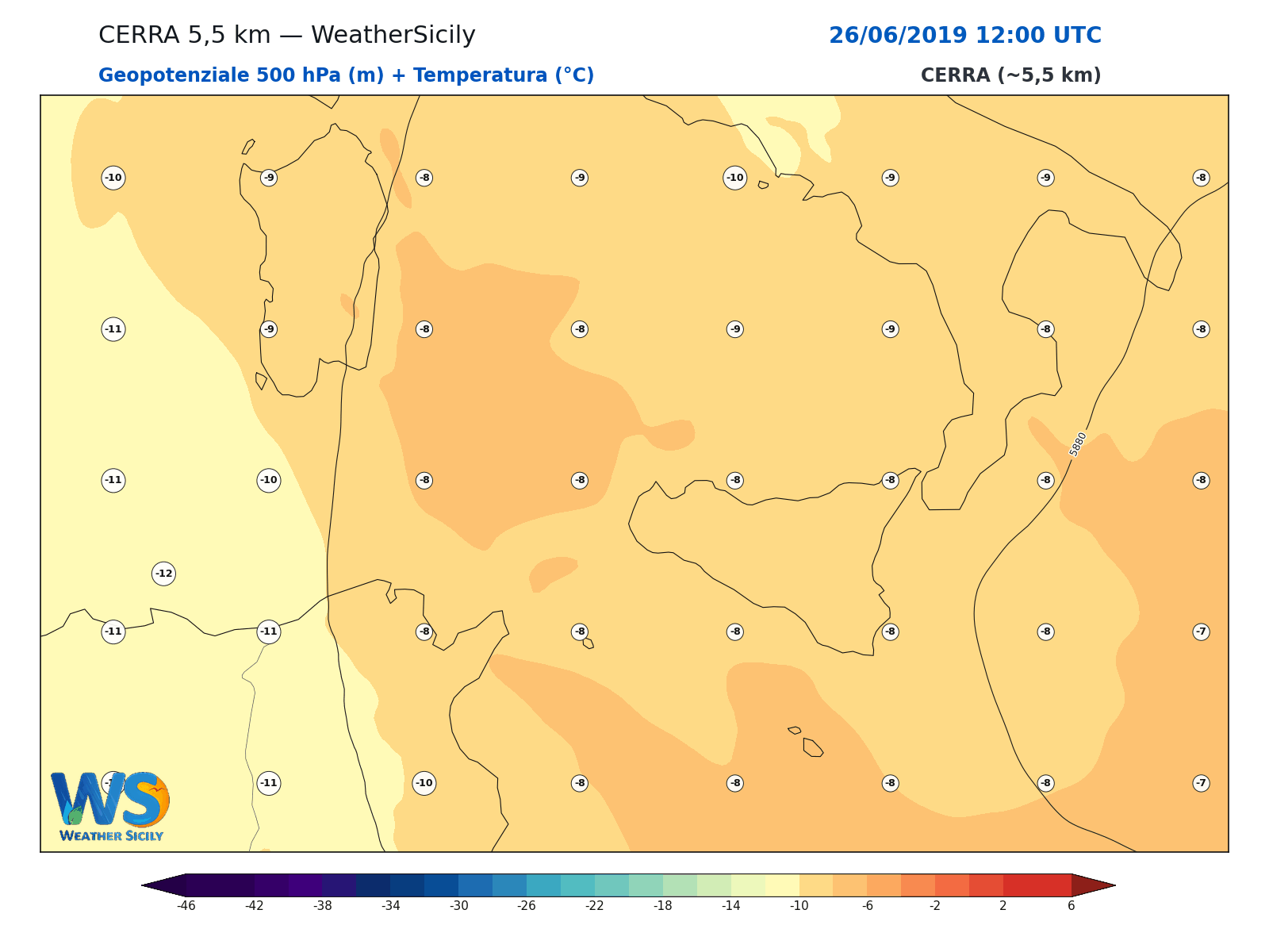 Geopotenziale 500 hPa + Temperatura · 2019062612