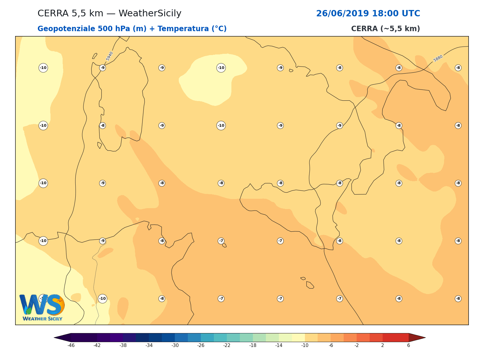 Geopotenziale 500 hPa + Temperatura · 2019062618