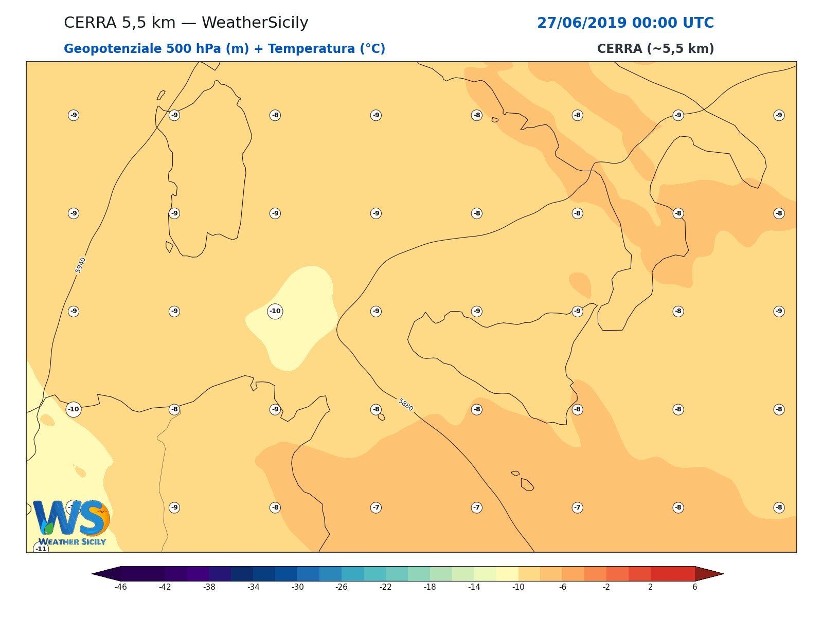 Geopotenziale 500 hPa + Temperatura · 2019062700