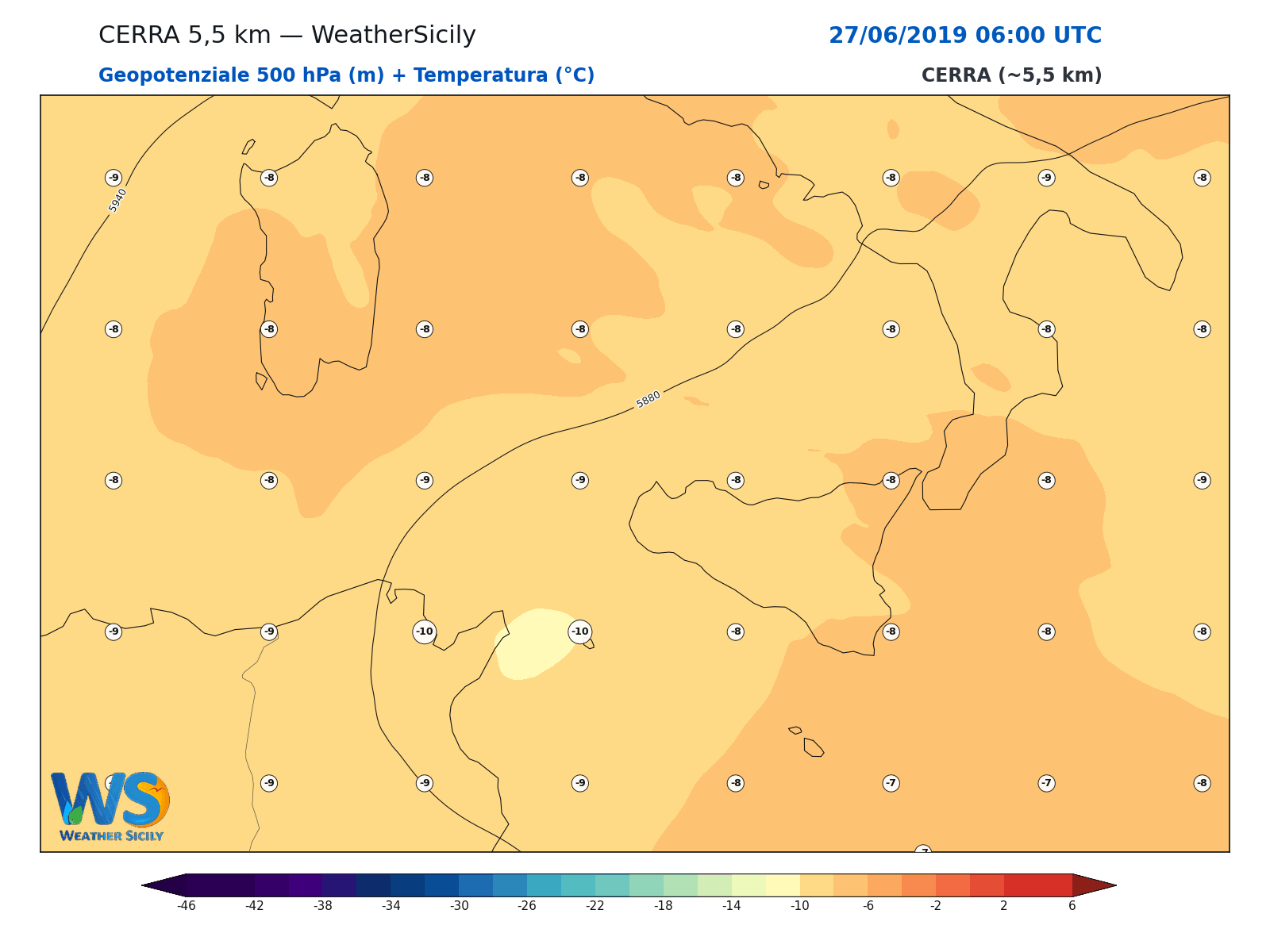 Geopotenziale 500 hPa + Temperatura · 2019062706