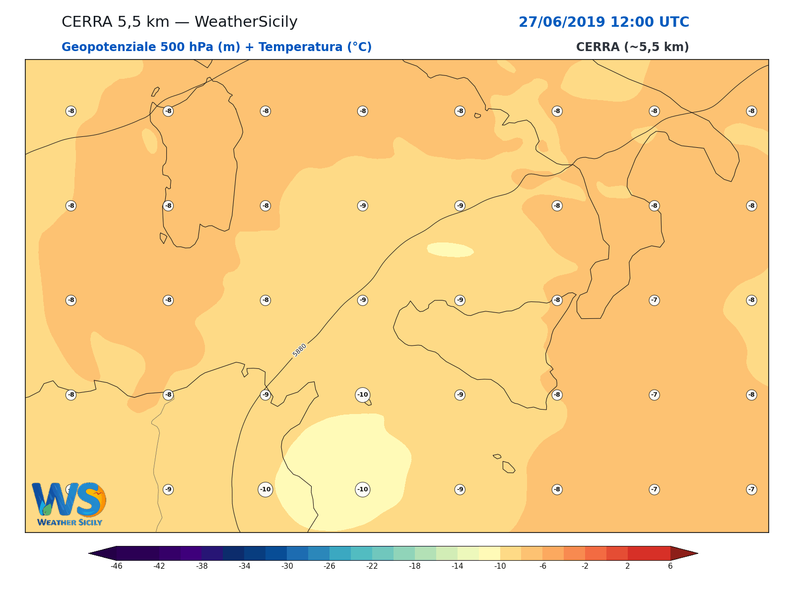 Geopotenziale 500 hPa + Temperatura · 2019062712