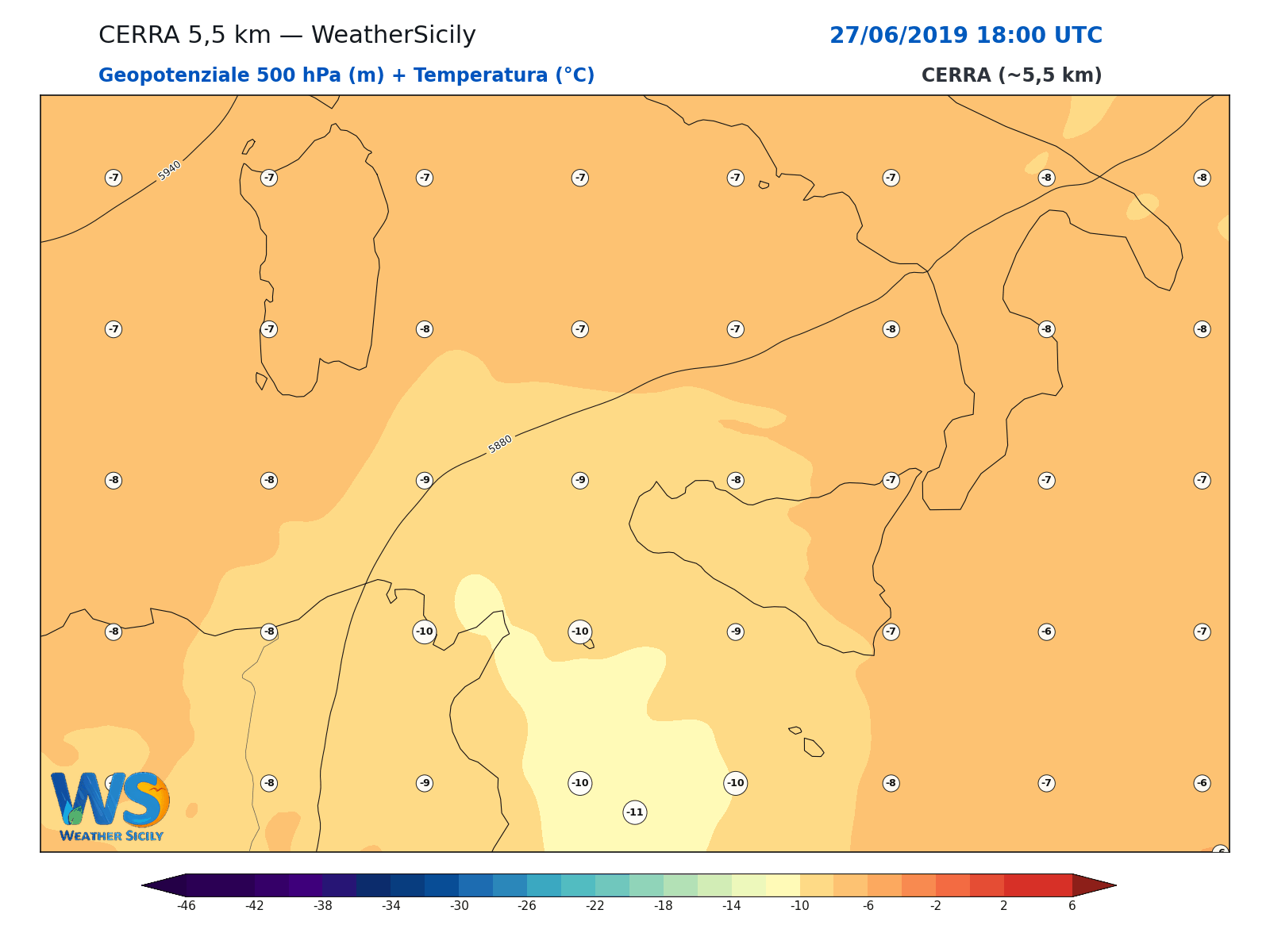 Geopotenziale 500 hPa + Temperatura · 2019062718