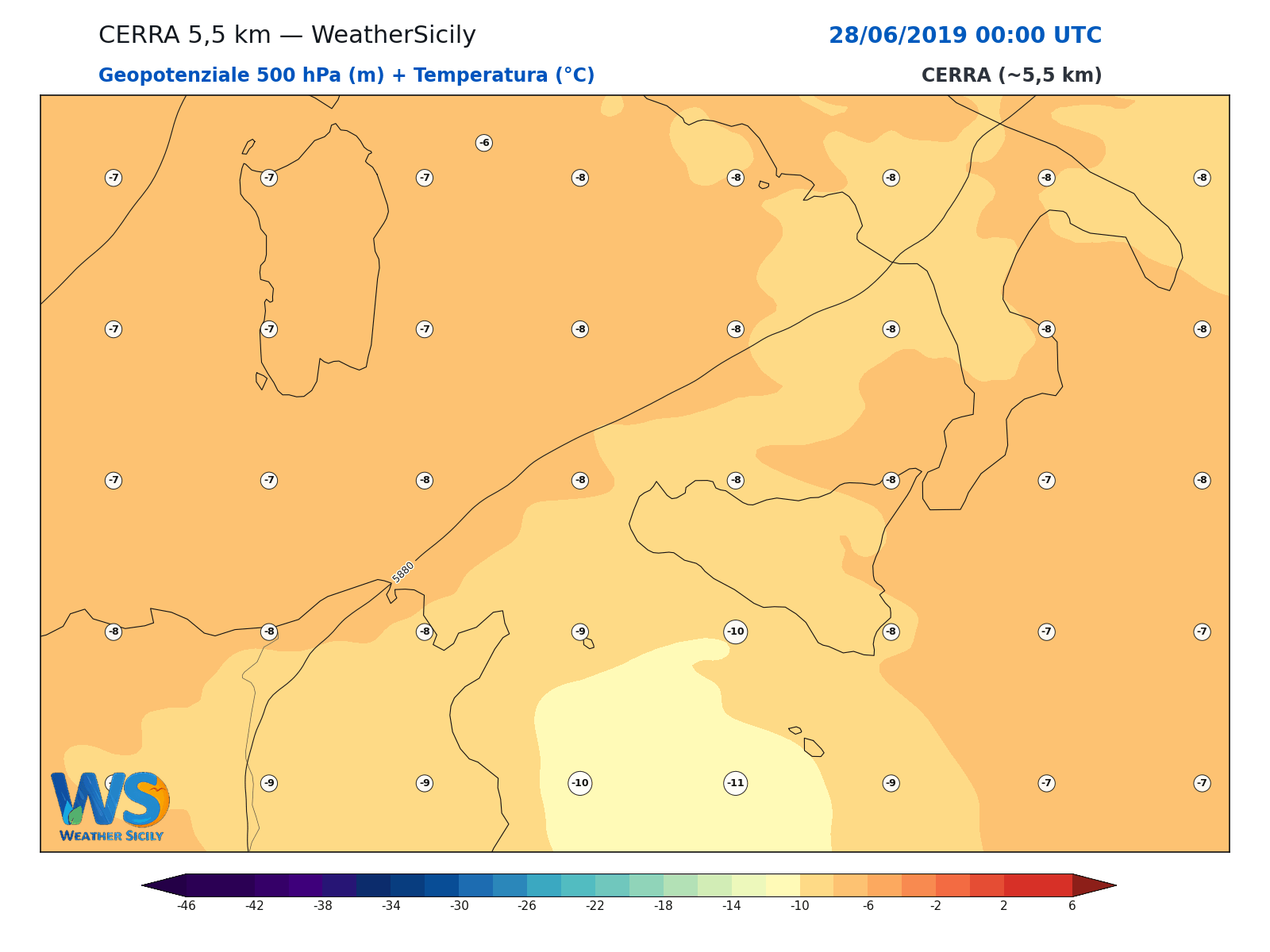 Geopotenziale 500 hPa + Temperatura · 2019062800
