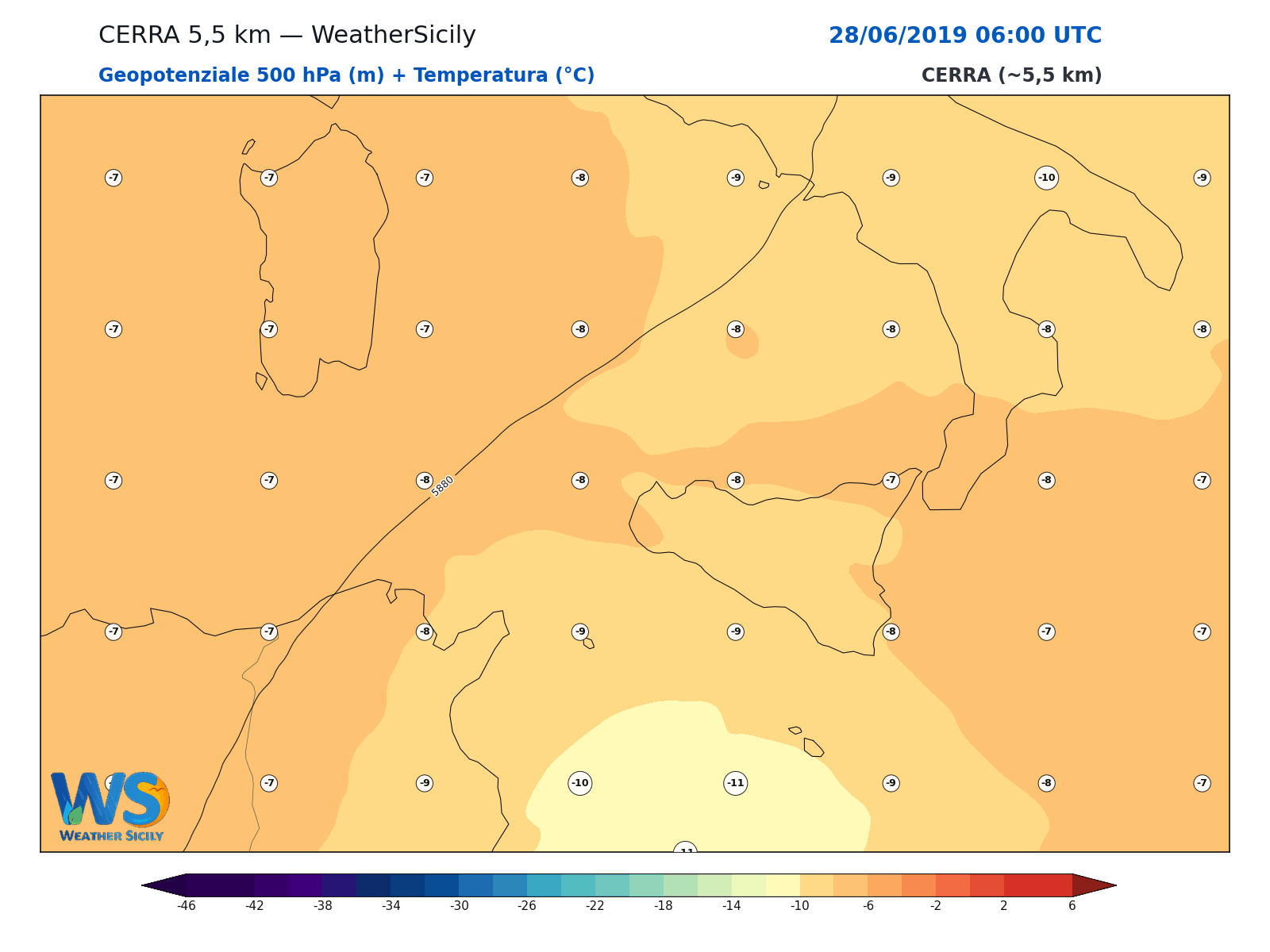 Geopotenziale 500 hPa + Temperatura · 2019062806