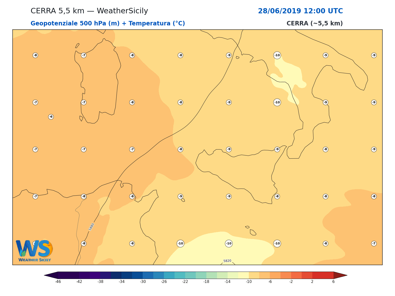 Geopotenziale 500 hPa + Temperatura · 2019062812