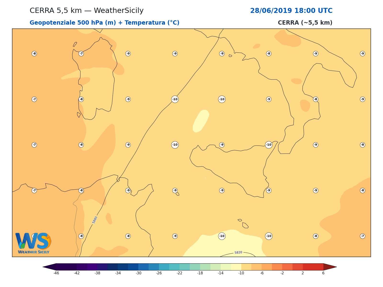 Geopotenziale 500 hPa + Temperatura · 2019062818