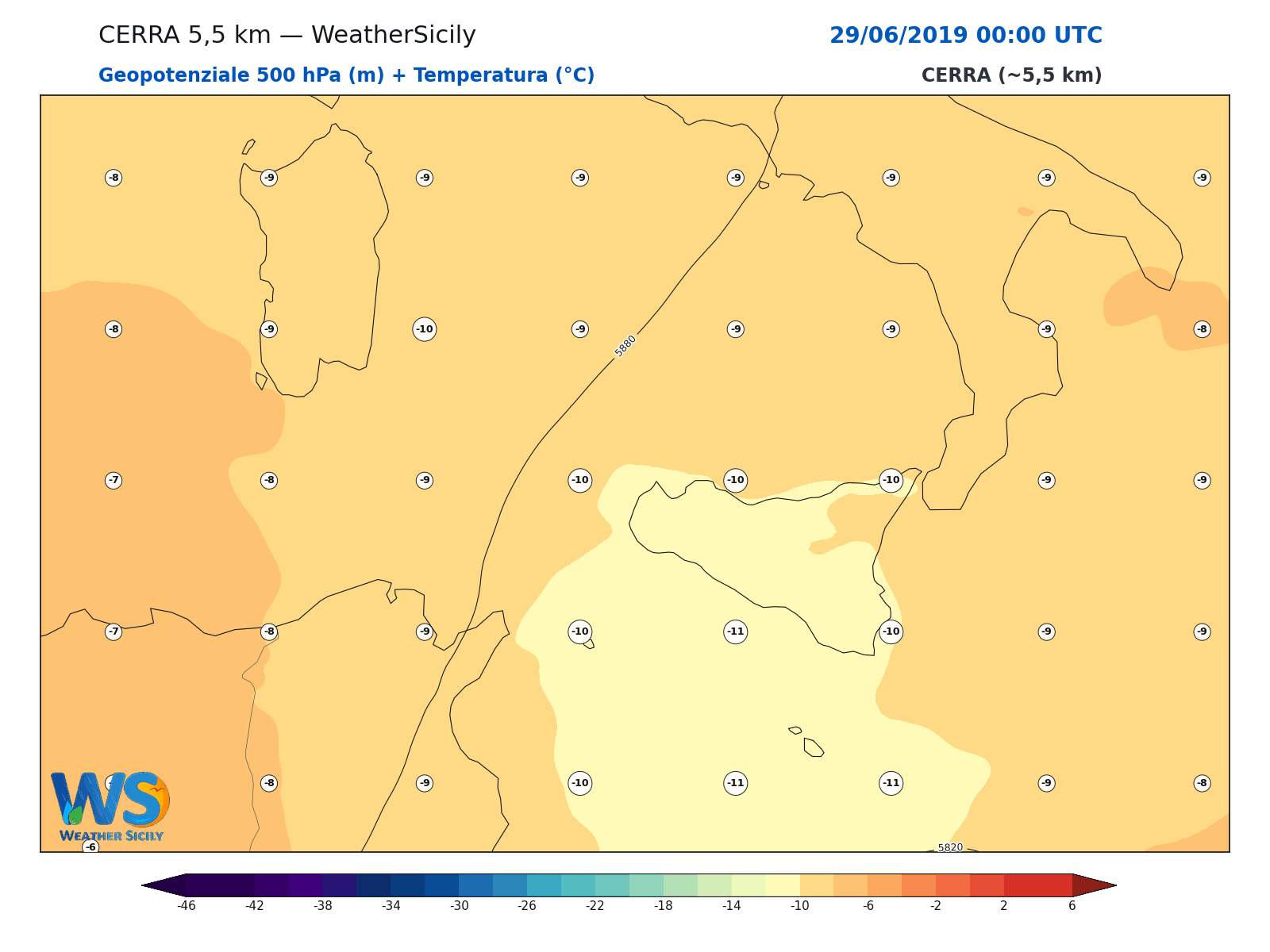 Geopotenziale 500 hPa + Temperatura · 2019062900