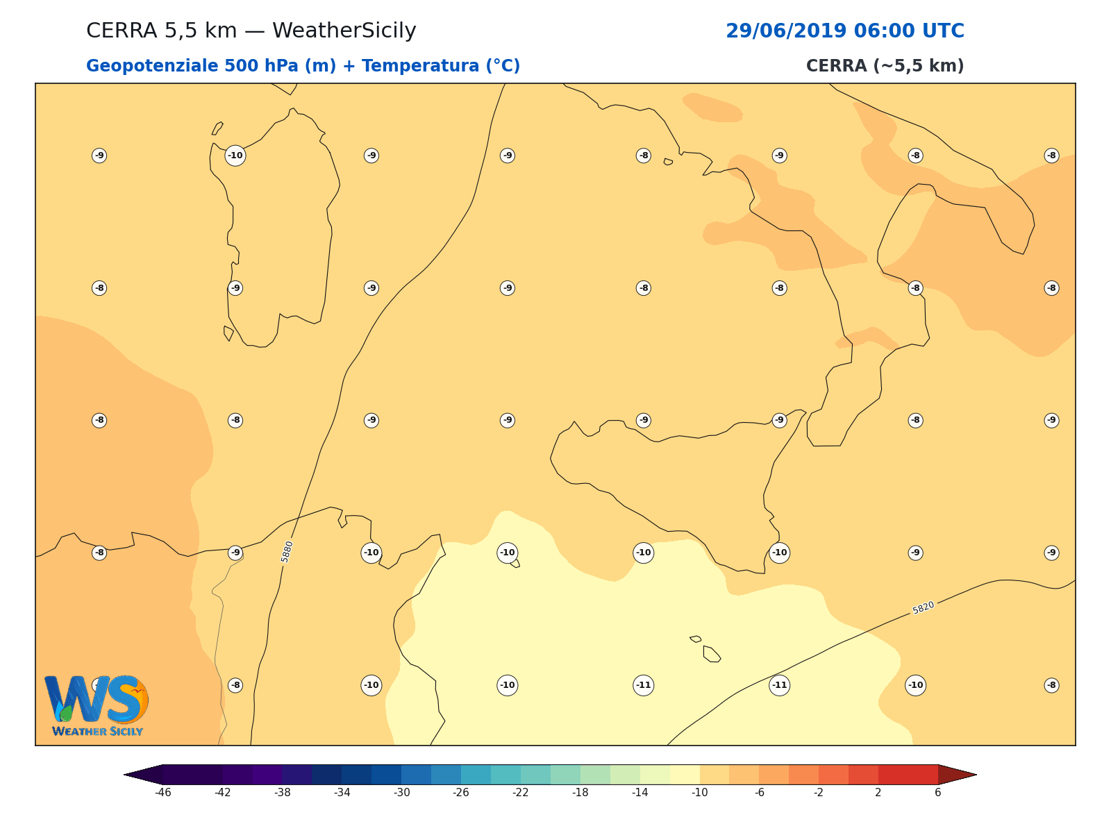 Geopotenziale 500 hPa + Temperatura · 2019062906