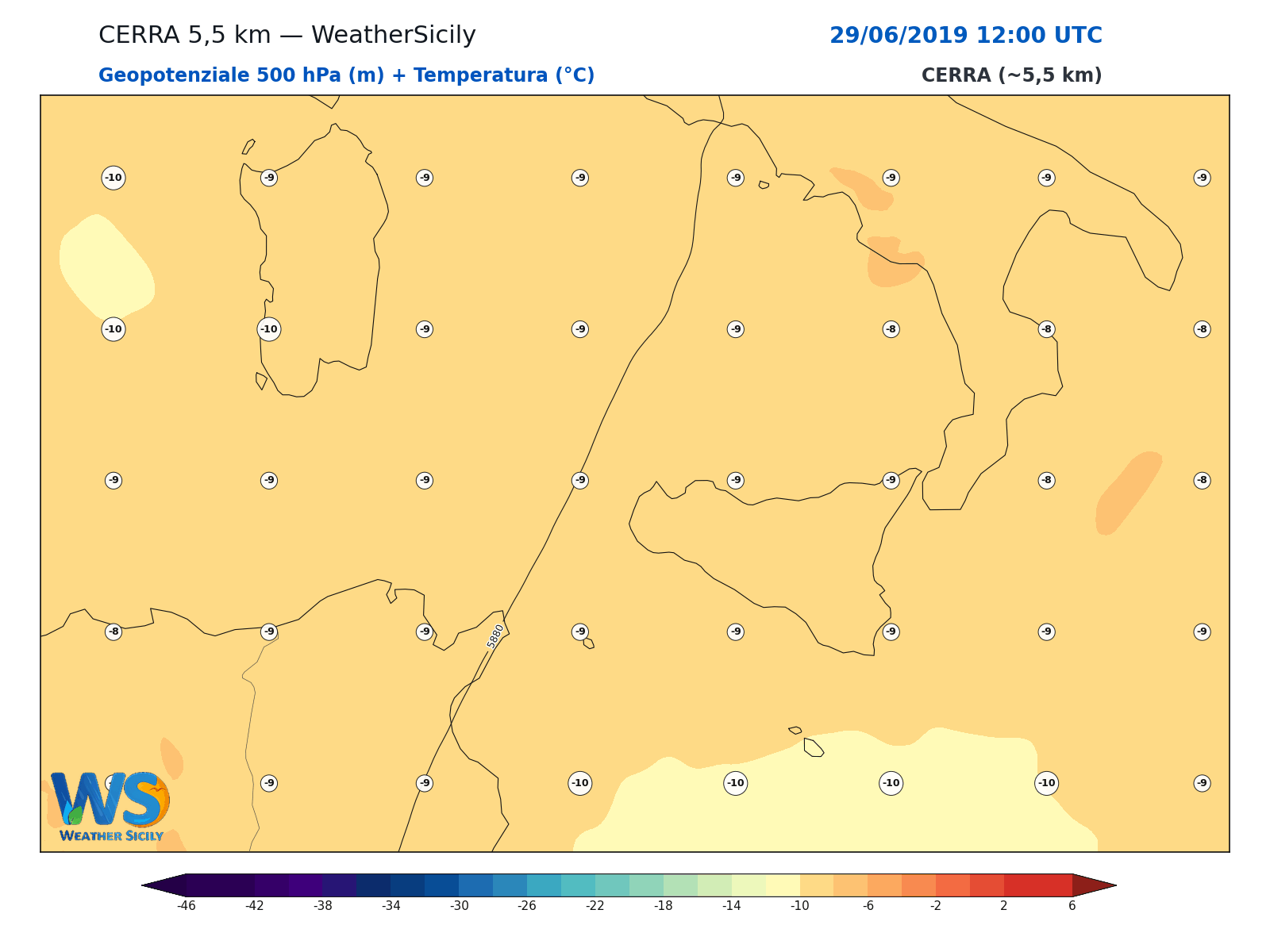 Geopotenziale 500 hPa + Temperatura · 2019062912