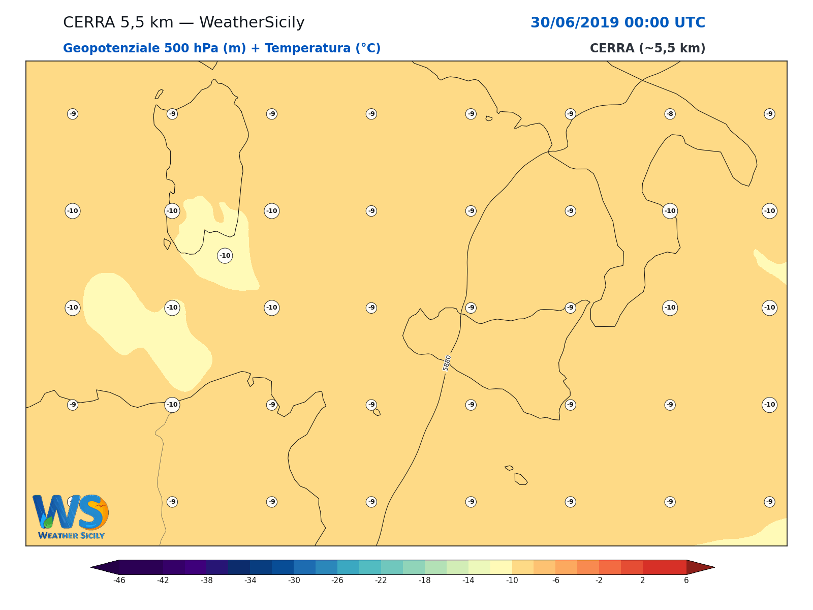 Geopotenziale 500 hPa + Temperatura · 2019063000