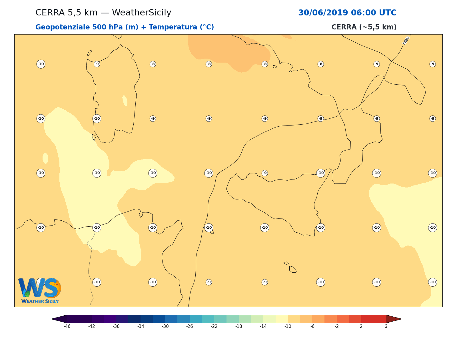 Geopotenziale 500 hPa + Temperatura · 2019063006