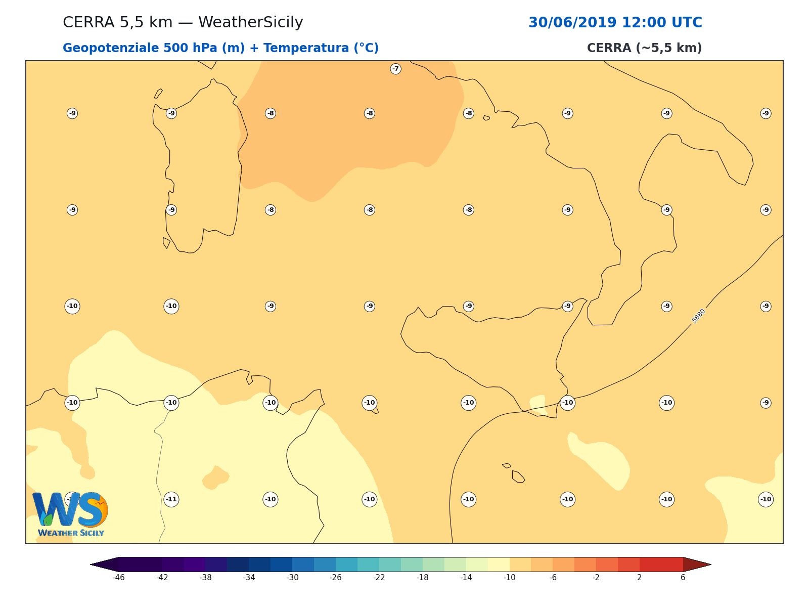 Geopotenziale 500 hPa + Temperatura · 2019063012