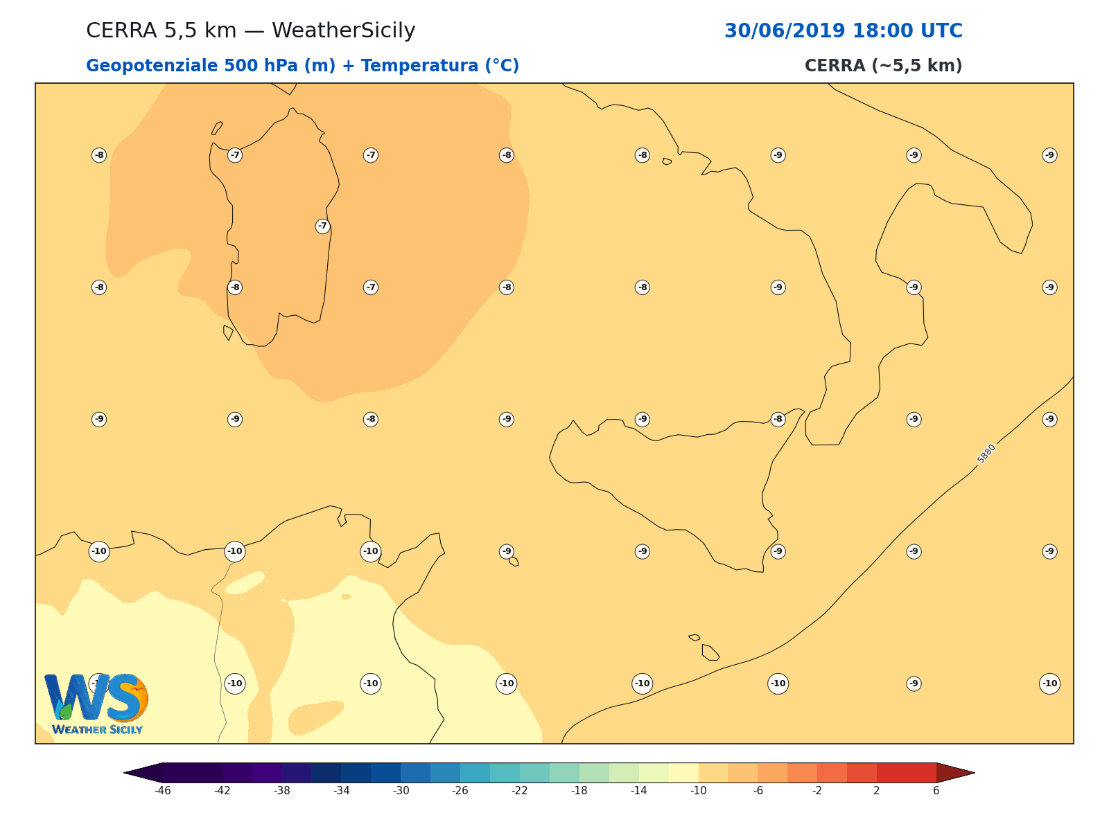 Geopotenziale 500 hPa + Temperatura · 2019063018
