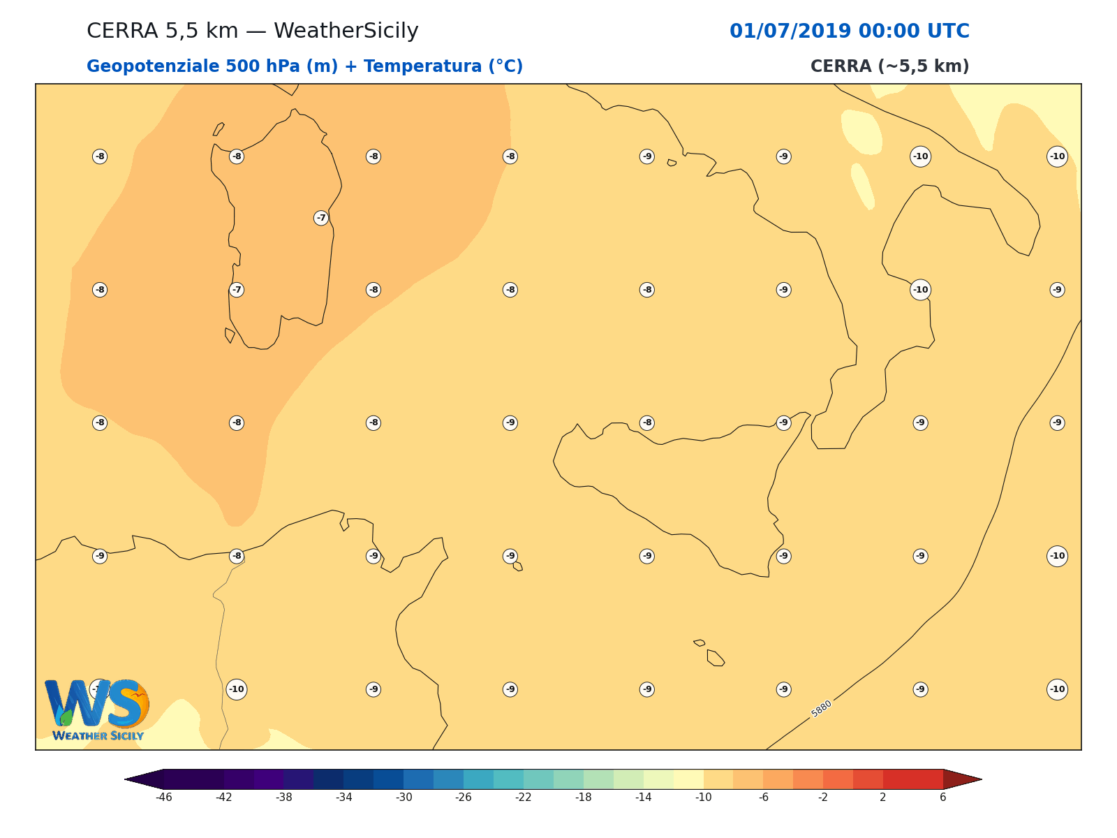 Geopotenziale 500 hPa + Temperatura · 2019070100