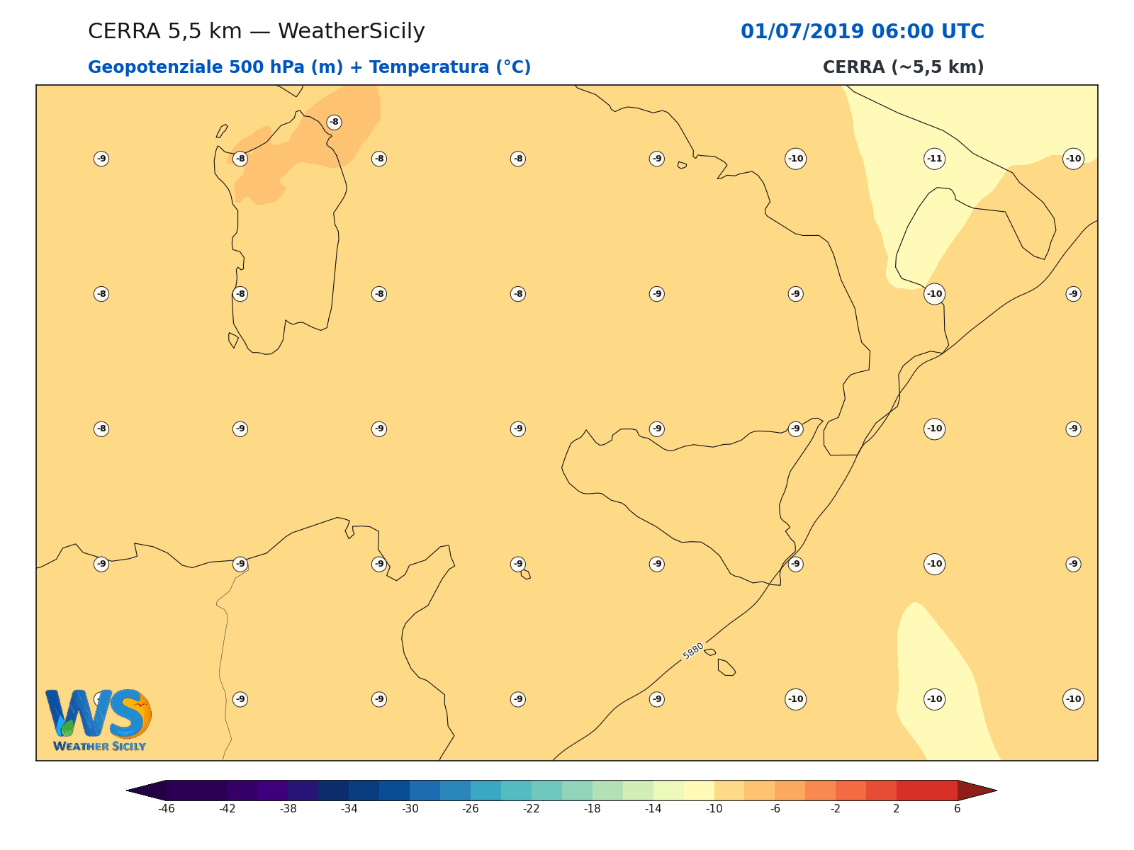 Geopotenziale 500 hPa + Temperatura · 2019070106