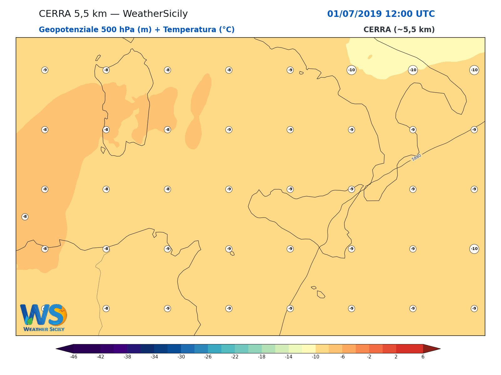 Geopotenziale 500 hPa + Temperatura · 2019070112