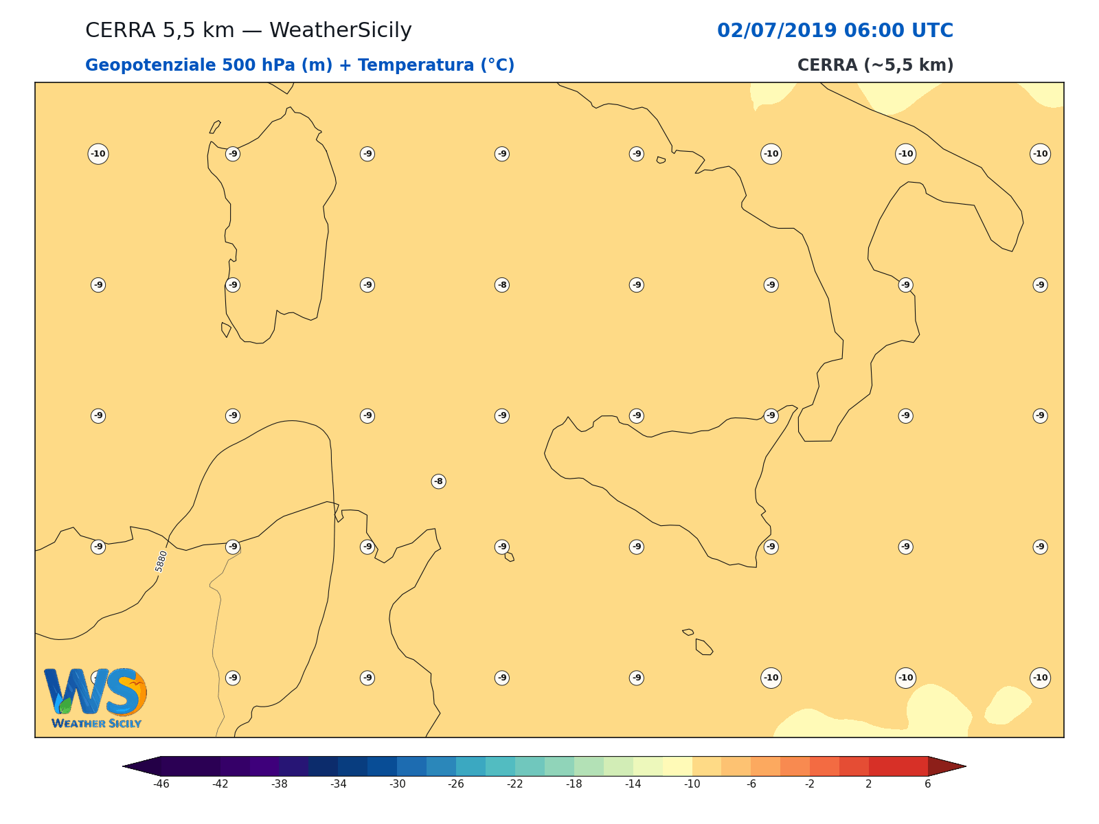 Geopotenziale 500 hPa + Temperatura · 2019070206