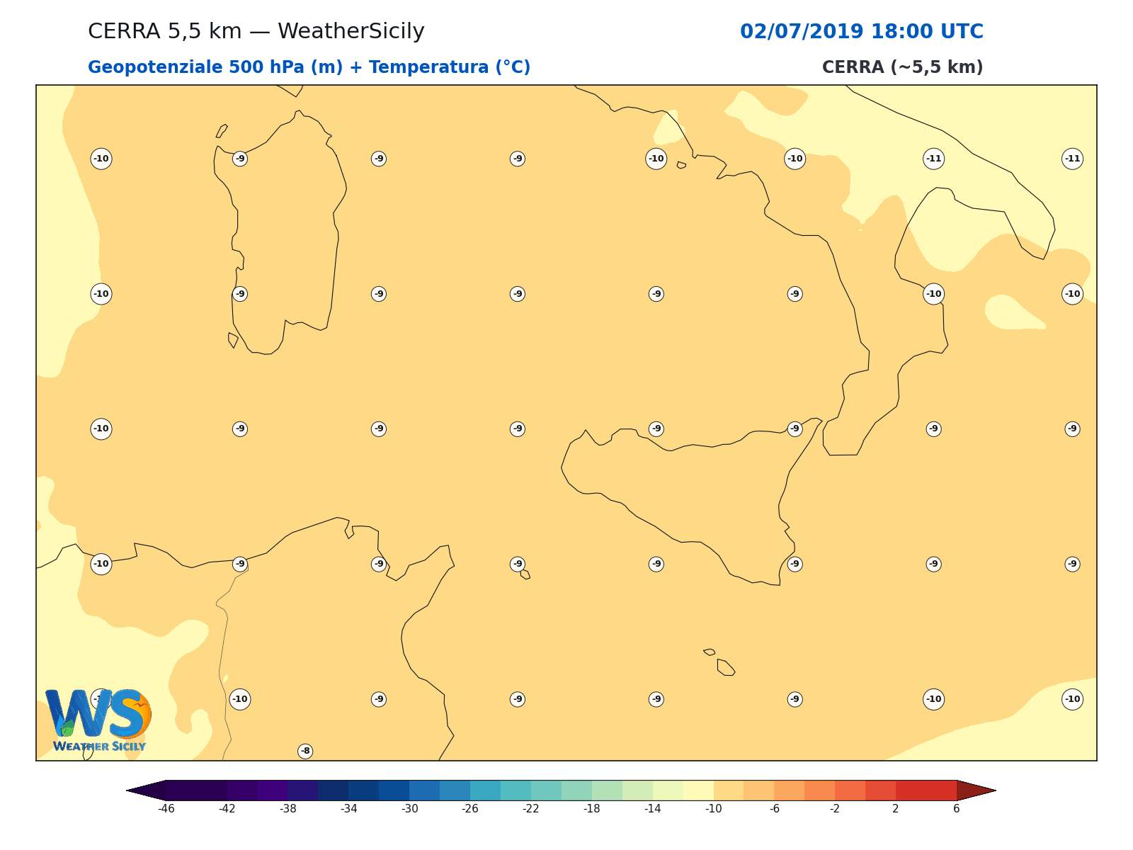 Geopotenziale 500 hPa + Temperatura · 2019070218