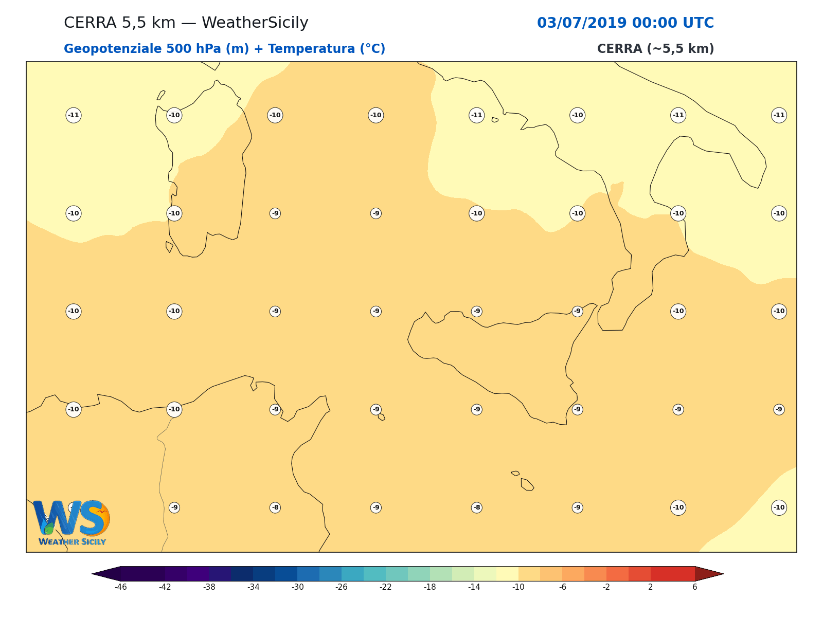 Geopotenziale 500 hPa + Temperatura · 2019070300