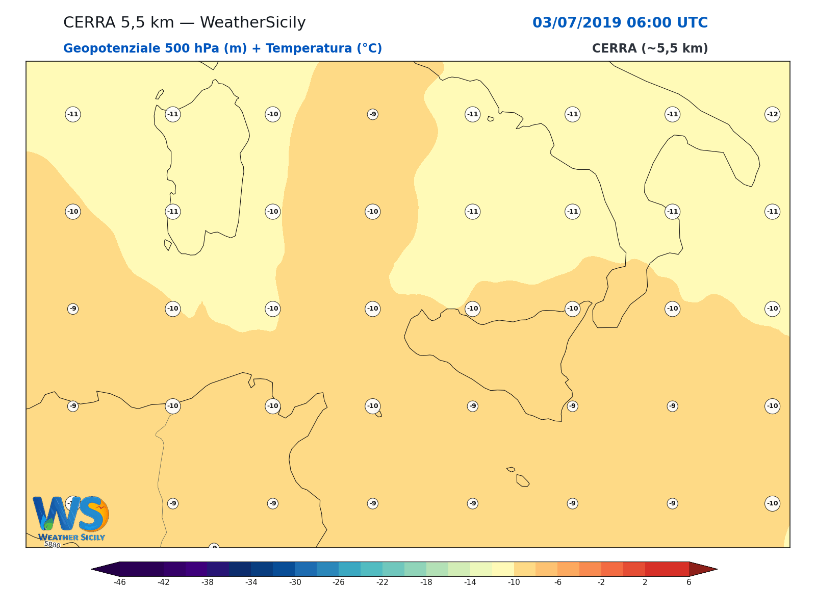 Geopotenziale 500 hPa + Temperatura · 2019070306