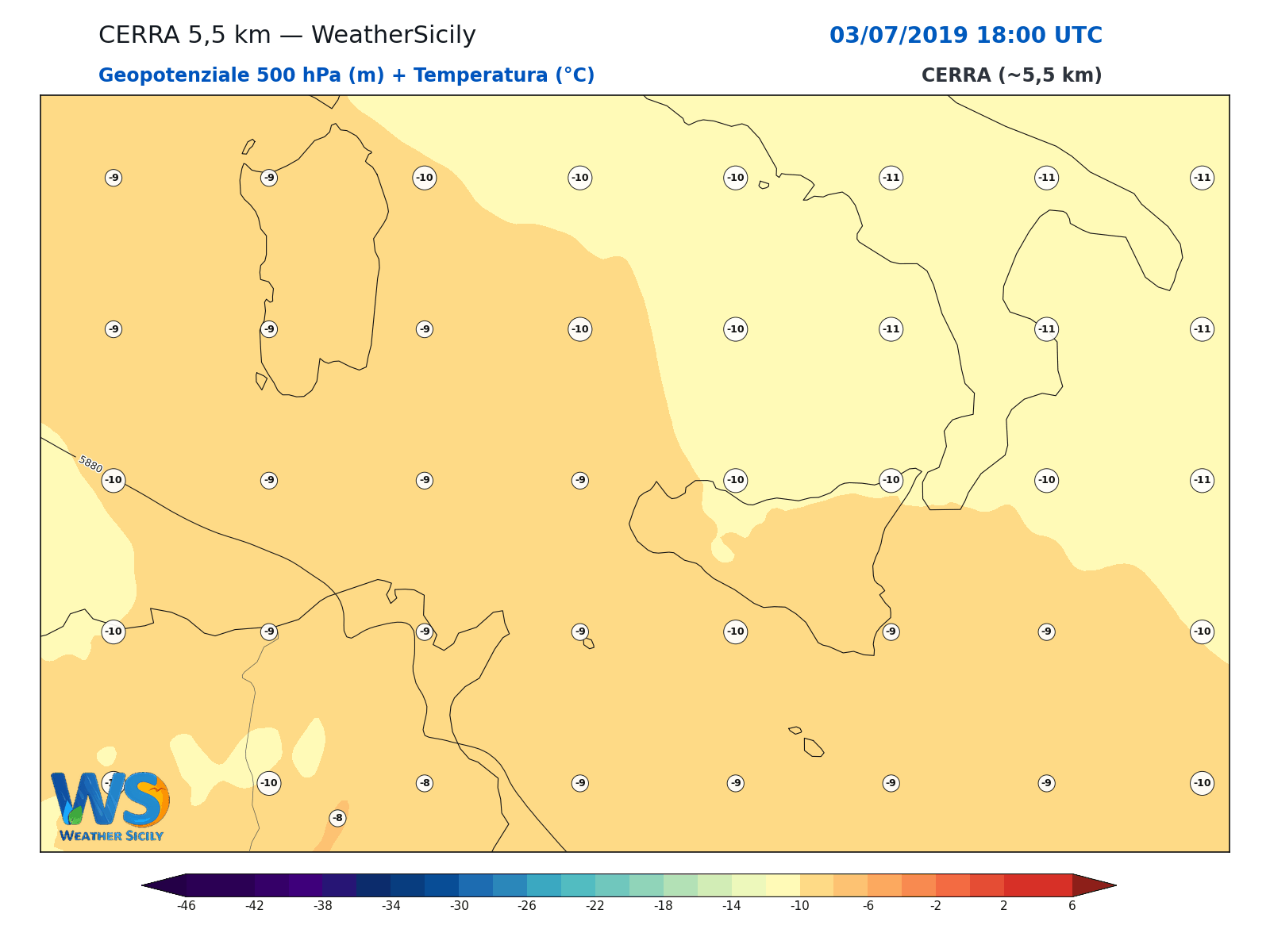 Geopotenziale 500 hPa + Temperatura · 2019070318