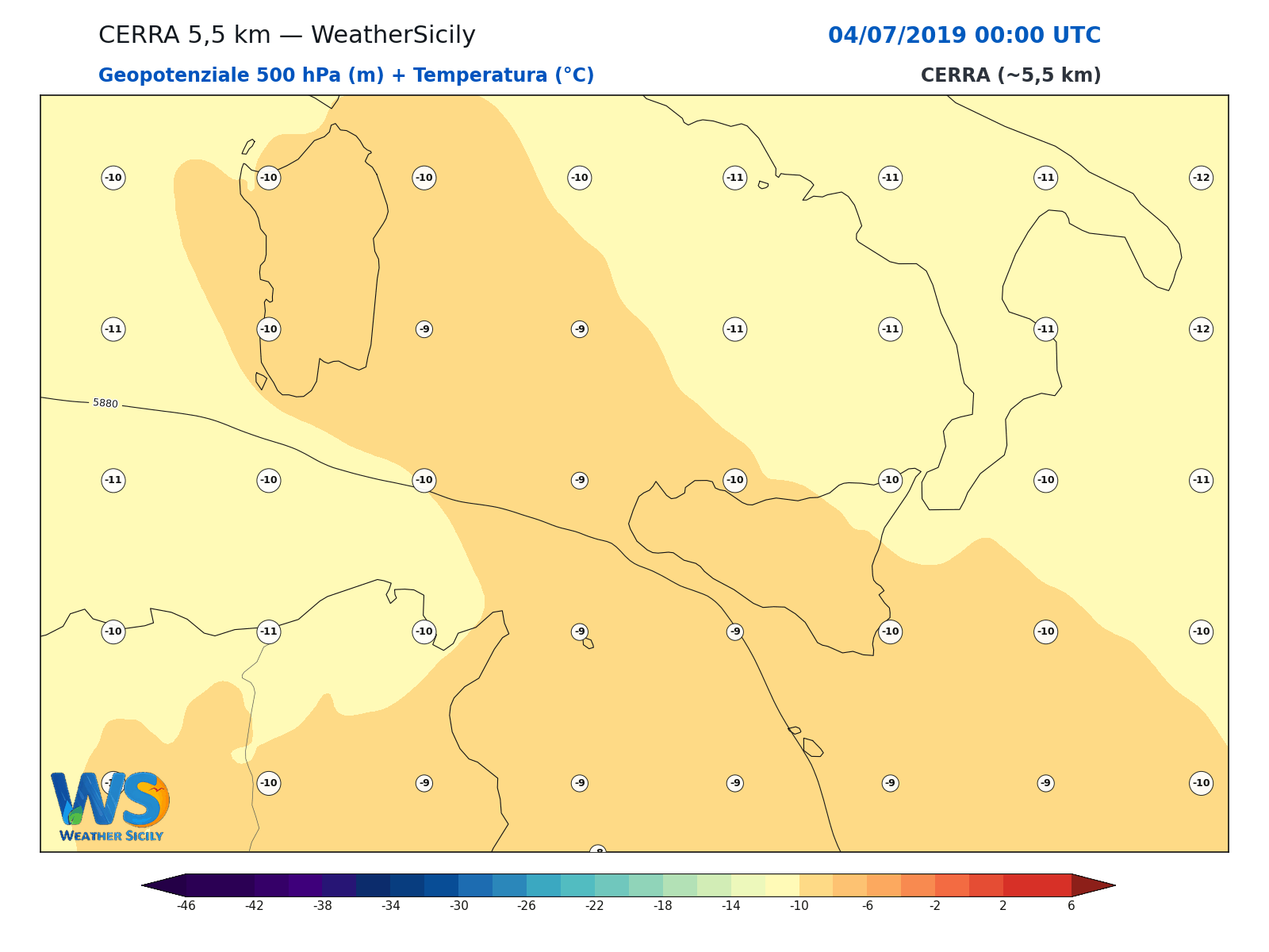 Geopotenziale 500 hPa + Temperatura · 2019070400