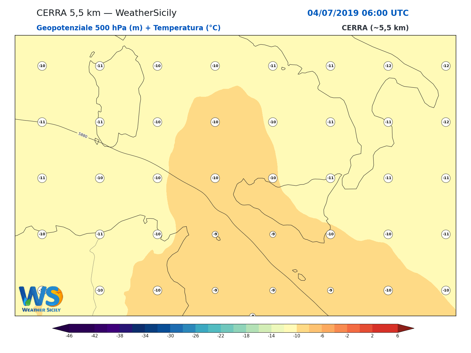 Geopotenziale 500 hPa + Temperatura · 2019070406