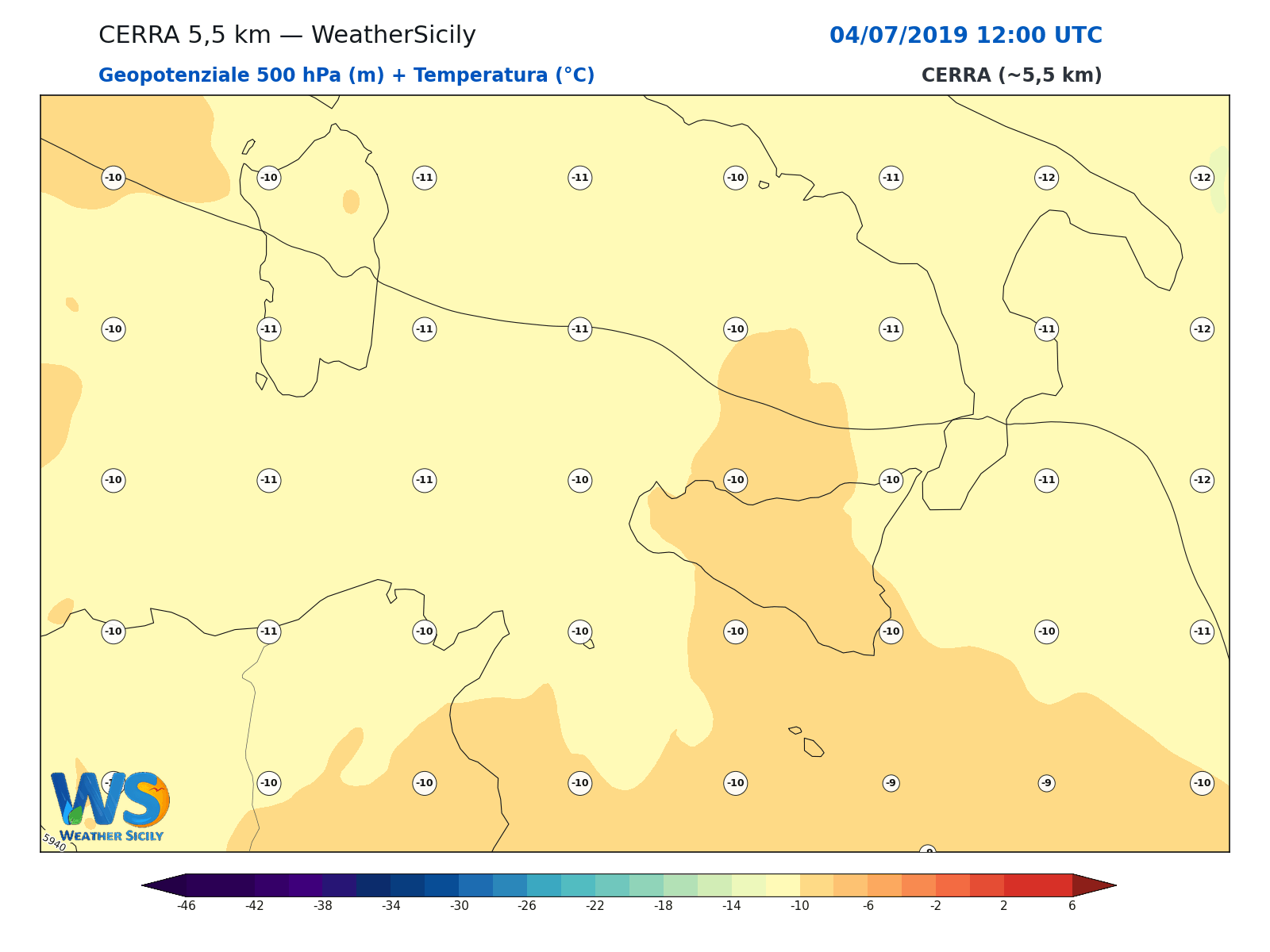 Geopotenziale 500 hPa + Temperatura · 2019070412